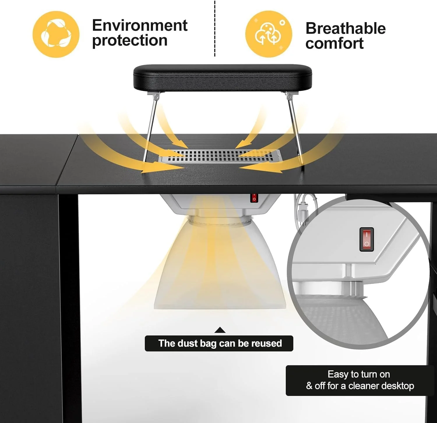 YiSHOP Foldable Manicure Table Nail Desk, Foldable Rolling Nail Table Station with Built-in Dust Collector, Adjustable Length, Wrist Pad & Lockable Rolling Wheels, Storage Desk for Nail Tech(Black)