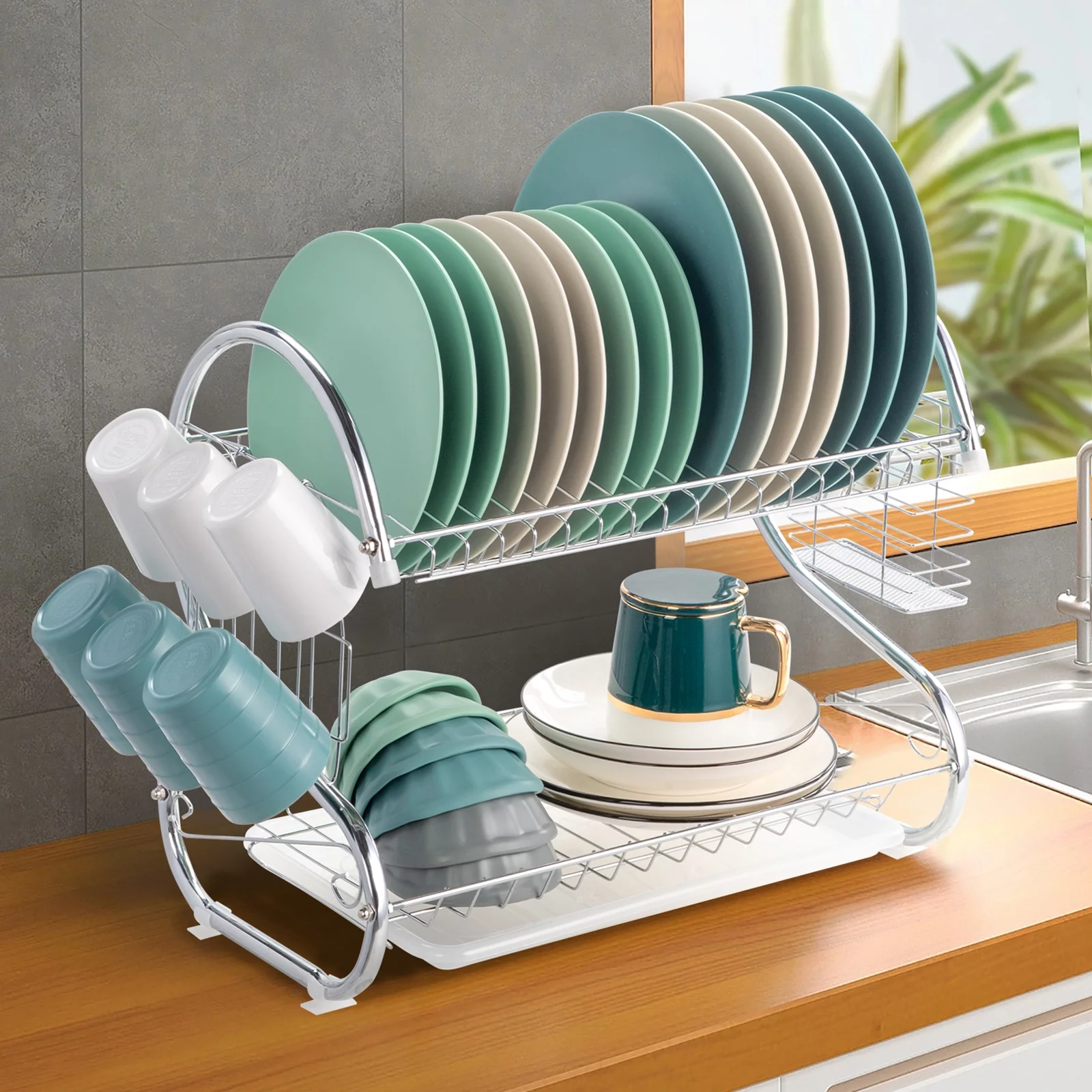 UBesGoo 2-Tier Kitchen Dish Cup Drying Rack Bowl Rack Kitchen Sink Dish Drainer Set