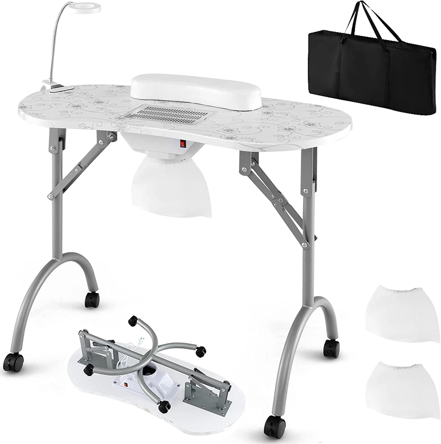 YiSHOP Nail Table for Nail Tech, Portable Manicure Table with Electric Dust Collector, USB-Plug LED Lamp, Wrist Rest, 4 Lockable Wheels, Foldable Nail Desk with Carry Bag (Black)