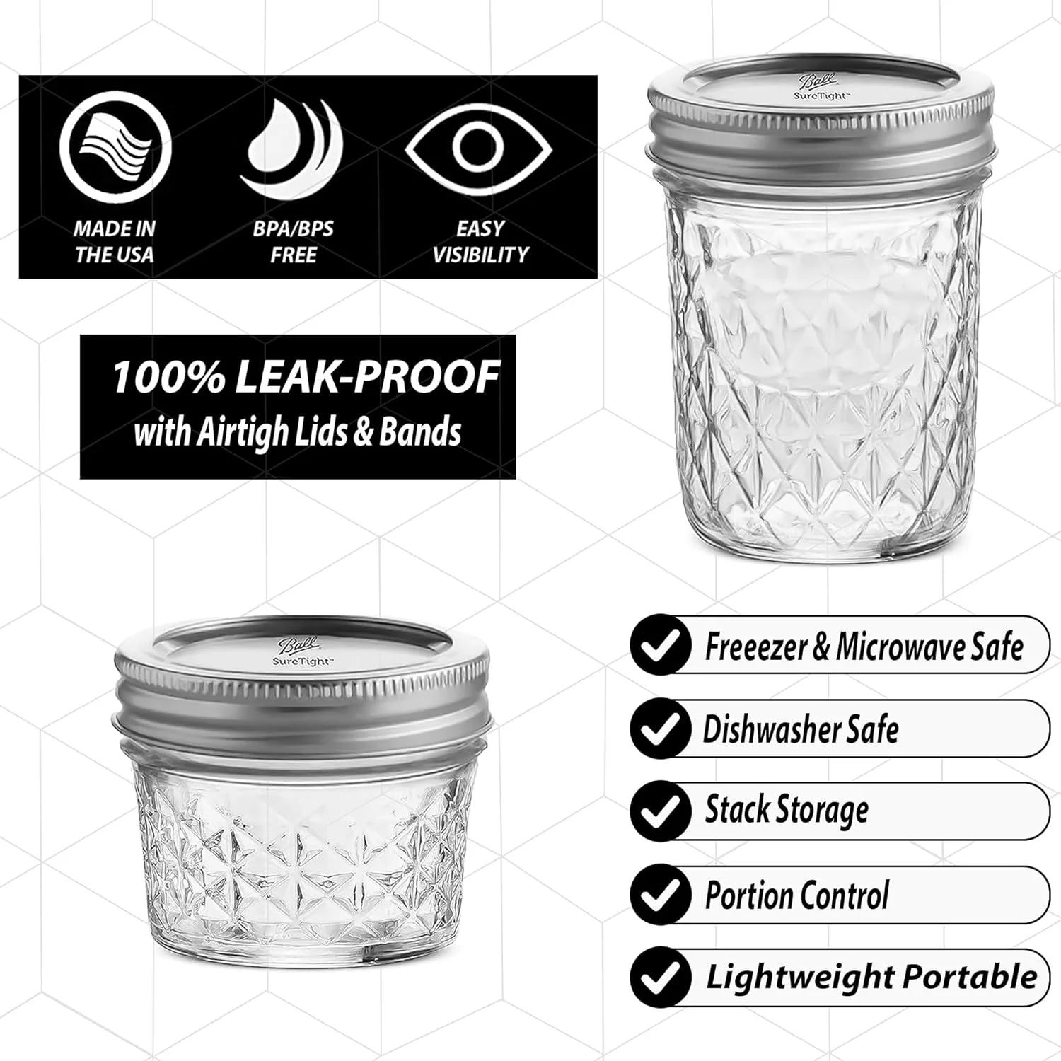 Quilted Crystal Jelly Regular Mouth Mason Jars - (4 Pack) - 2 - Ball 8-Ounce and 2 - Ball 4-Ounce Quilted Crystal Jelly