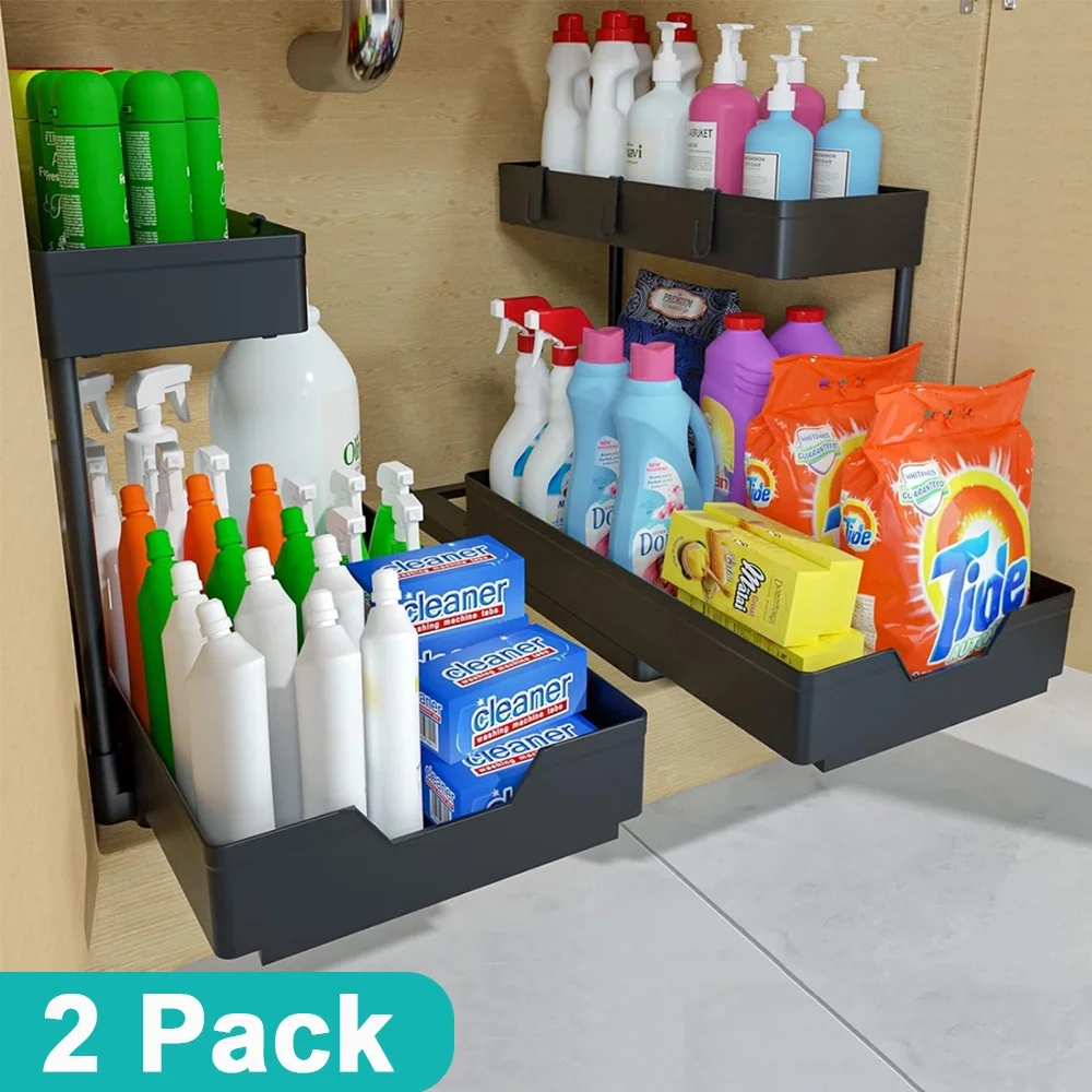 Under Sink Organizers and Storage 2 Packs, 2 Tier Pull Out Cabinet Organizer L-shaped, Sliding Under Bathroom Kitchen Sink Shelf, Multi-Purpose Organization and Storage for Bathroom Kitchen Cabinet
