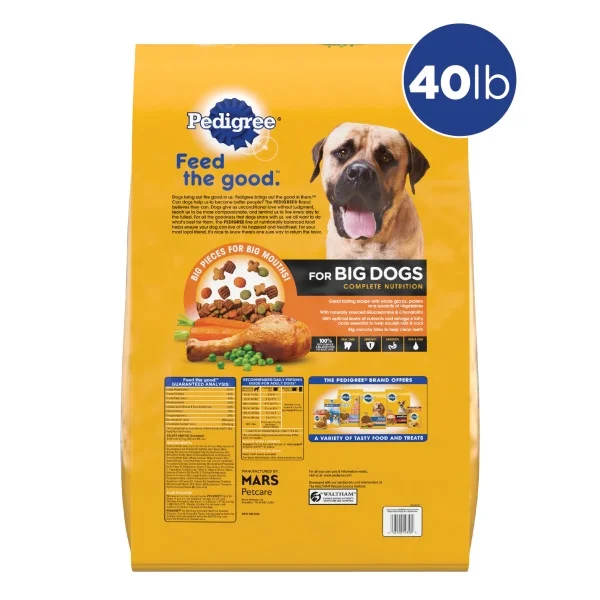 PEDIGREE For Big Dogs Adult Complete Nutrition Large Breed Dry Dog Food Roasted Chicken, Rice & Vegetable Flavor Dog Kibble, 40 lb. Bag