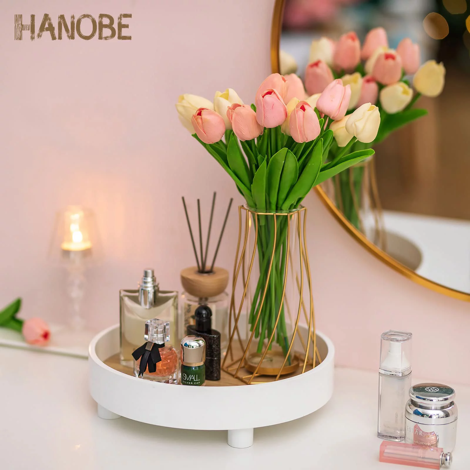 Hanobe Round Decorative Vanity Tray Bathroom Perfume Trays Circle White Pedestal Stand Wood Riser for Display Decor Dresser