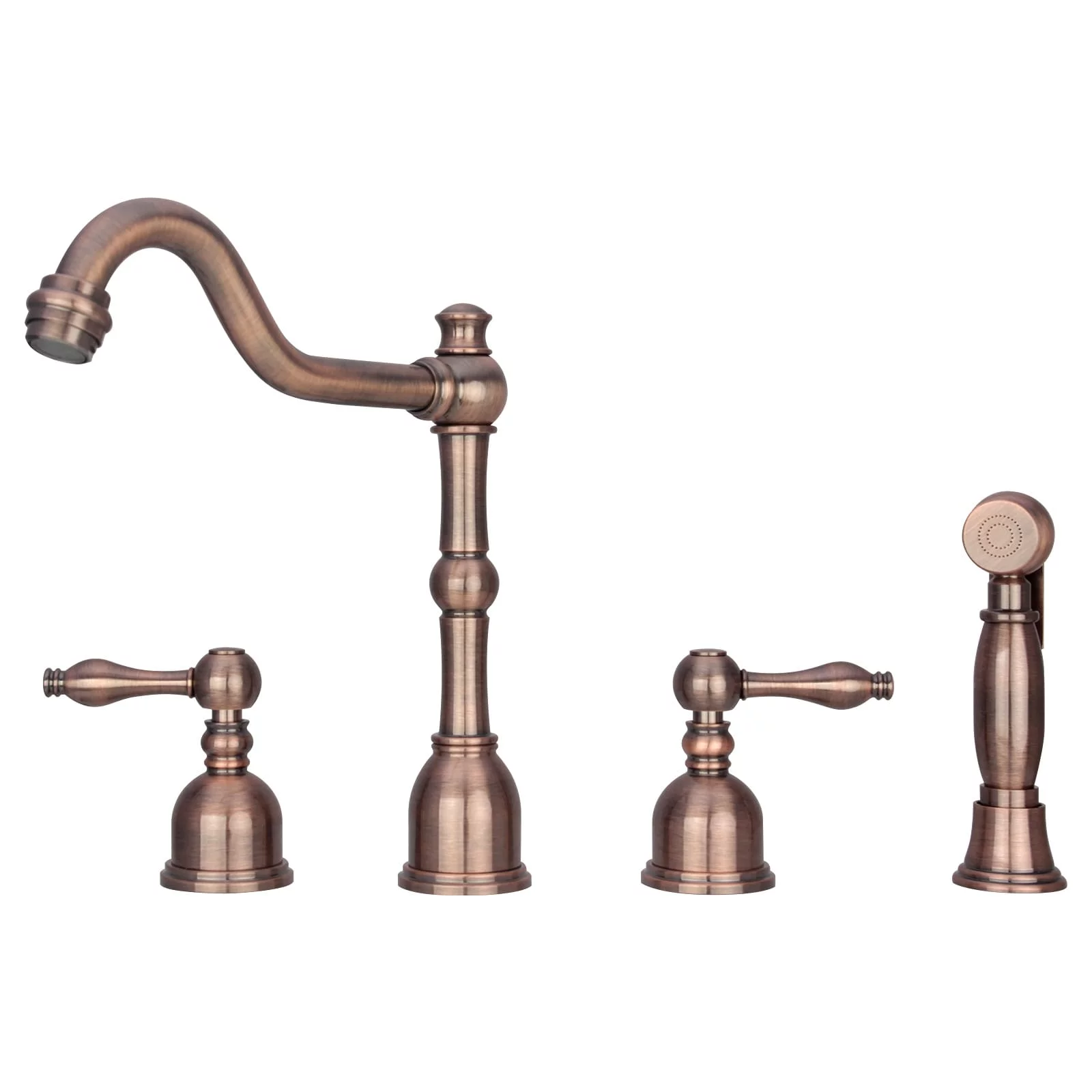 Akicon Two-Handles Widespread Kitchen Faucet with Side Sprayer Antique Copper Copper Finish