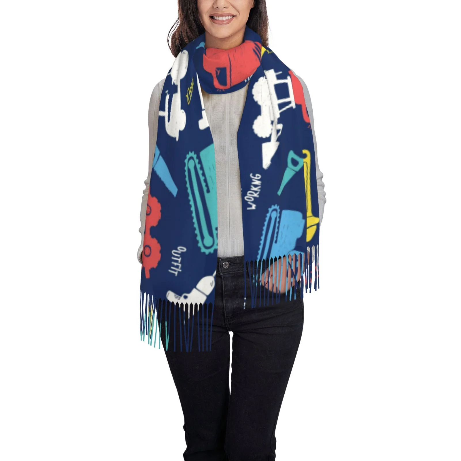 Ocsxa Scarf Shawl Wraps For Women Soft Cashmere Scarf Colorful Excavator Printed Large Blanket Scarf