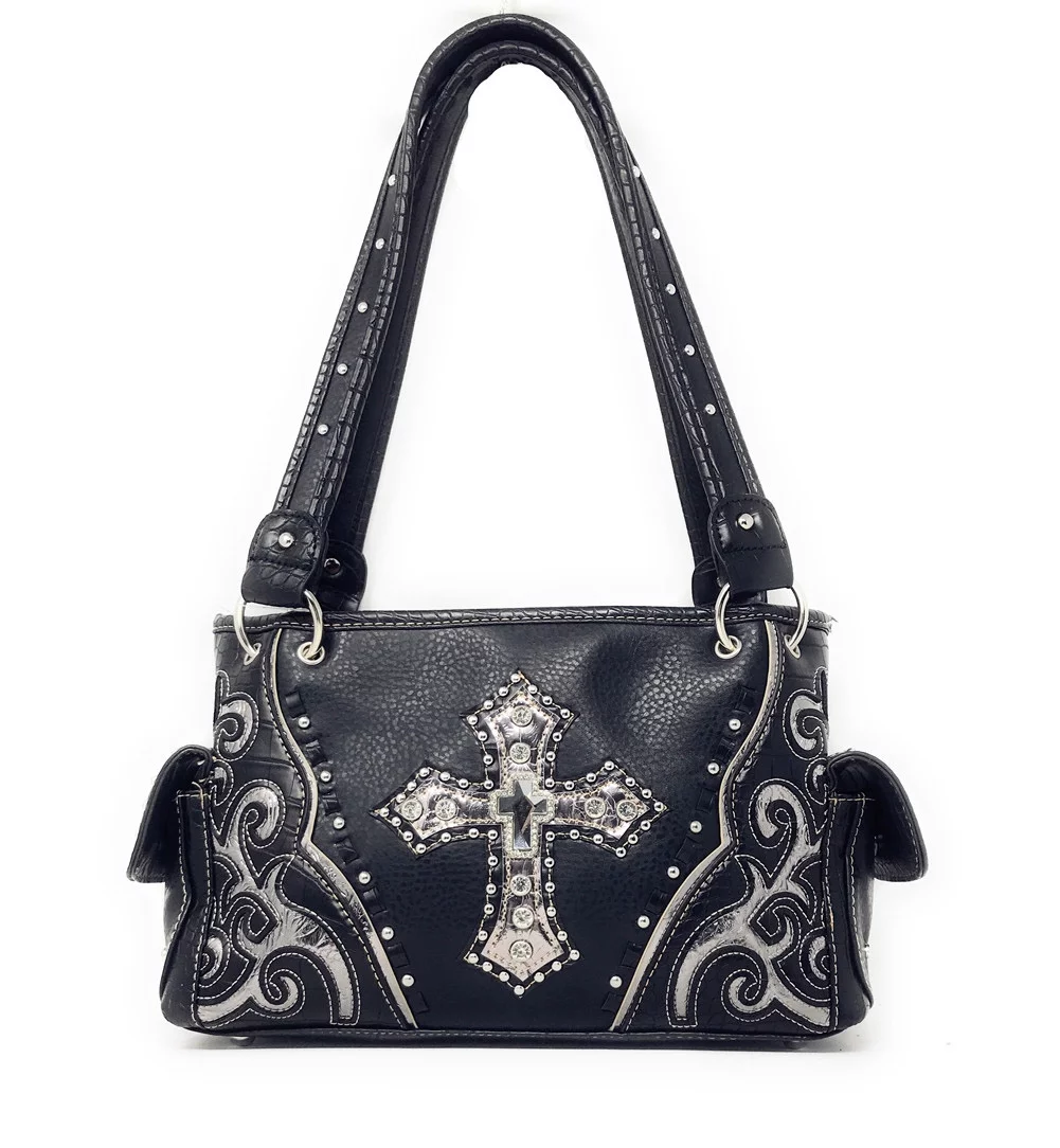 Laser Cut Premium Rhinestone Cross Western Embroidered Handbag with Matching Wallet in 6 Colors