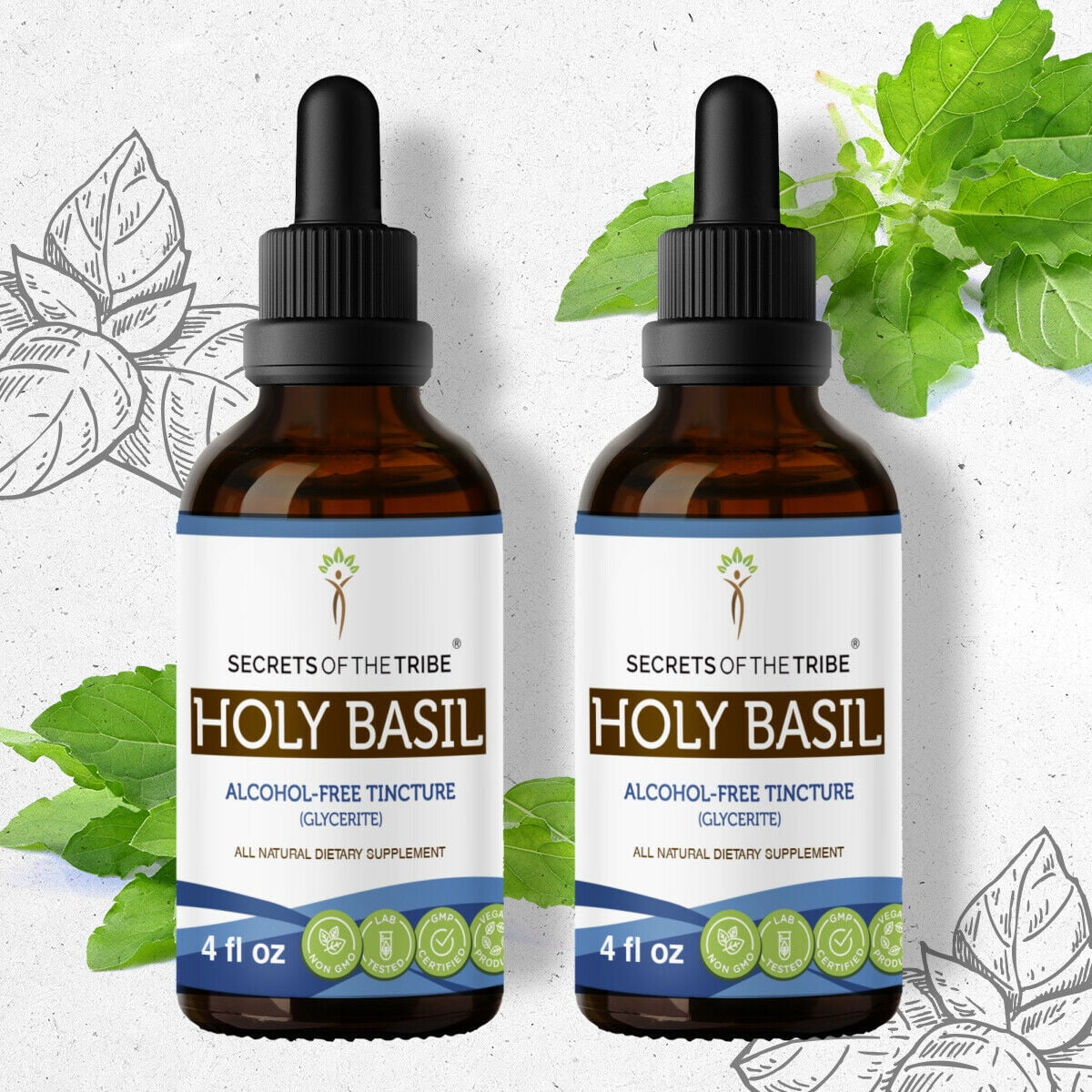 Holy Basil Tincture Alcohol-FREE Extract, Organic Holy Basil (Ocimum Tenuiflorum) Dried Herb 2x4 oz