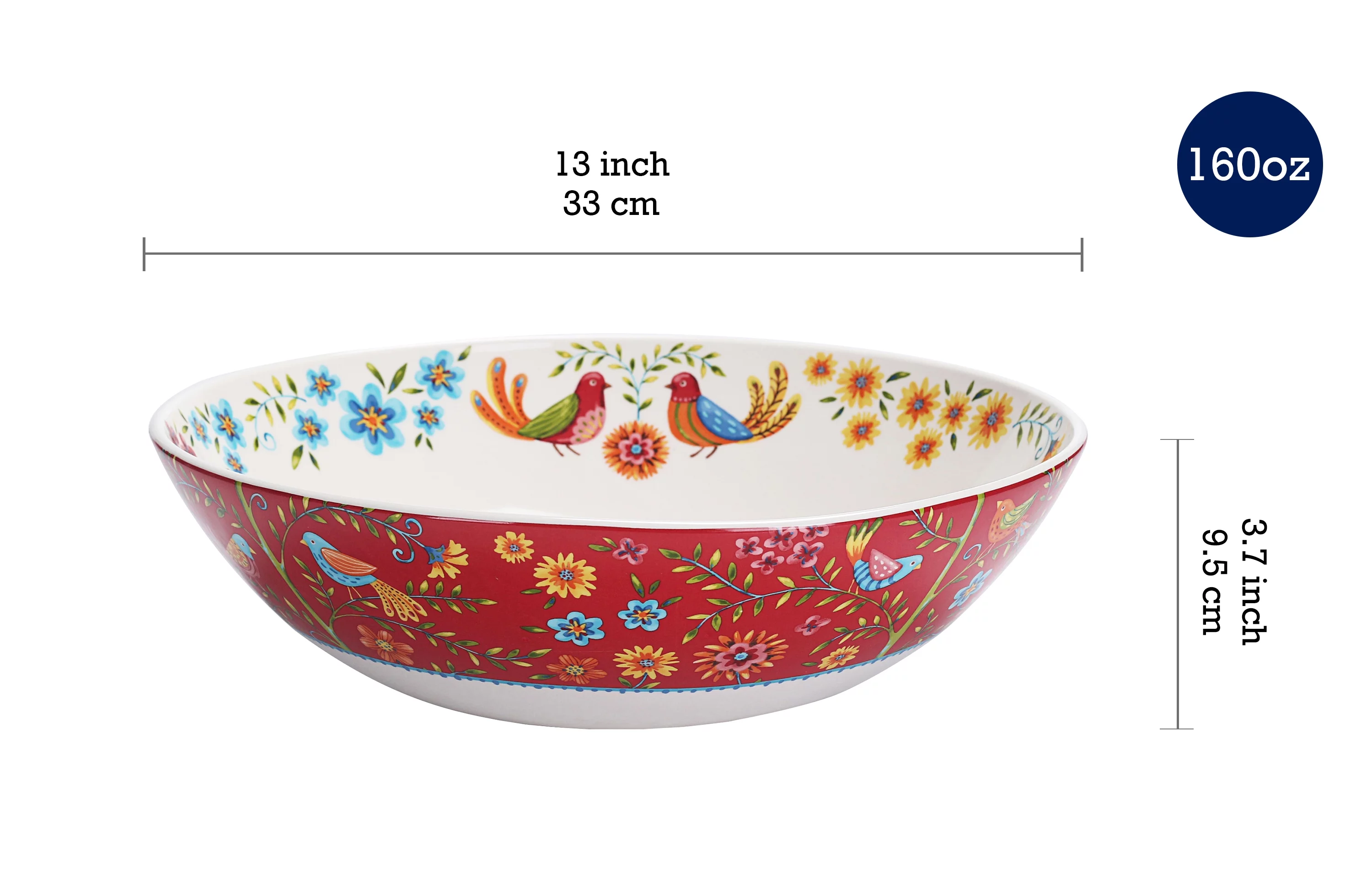 Bico Red Spring Bird Ceramic 13 inch Serving Bowl, Microwave & Dishwasher Safe