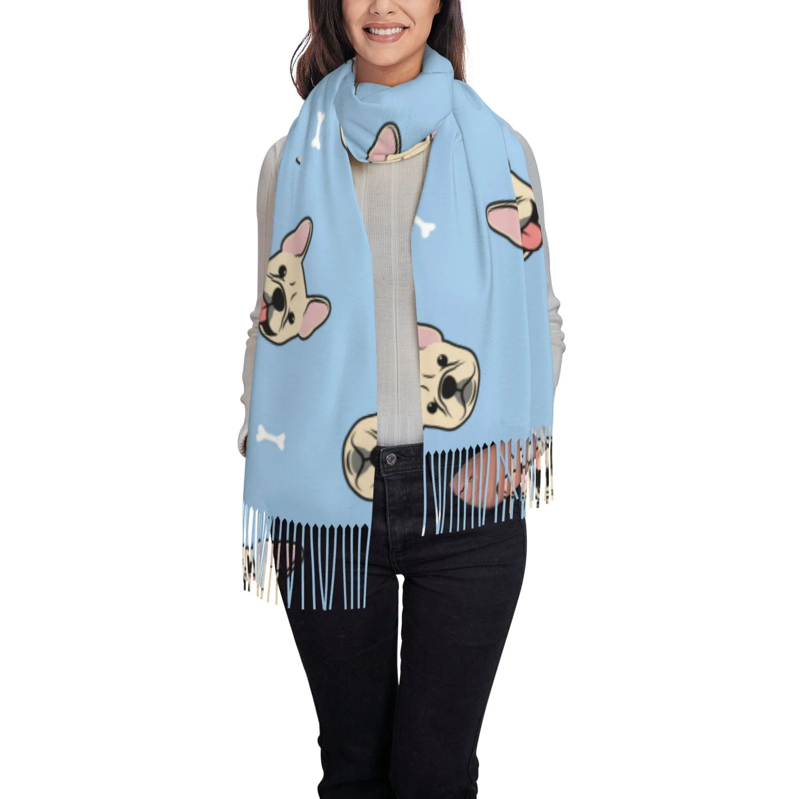 Ocsxa Scarf Shawl Wraps For Women Soft Cashmere Scarf Cute French Bulldog Printed Large Blanket Scarf