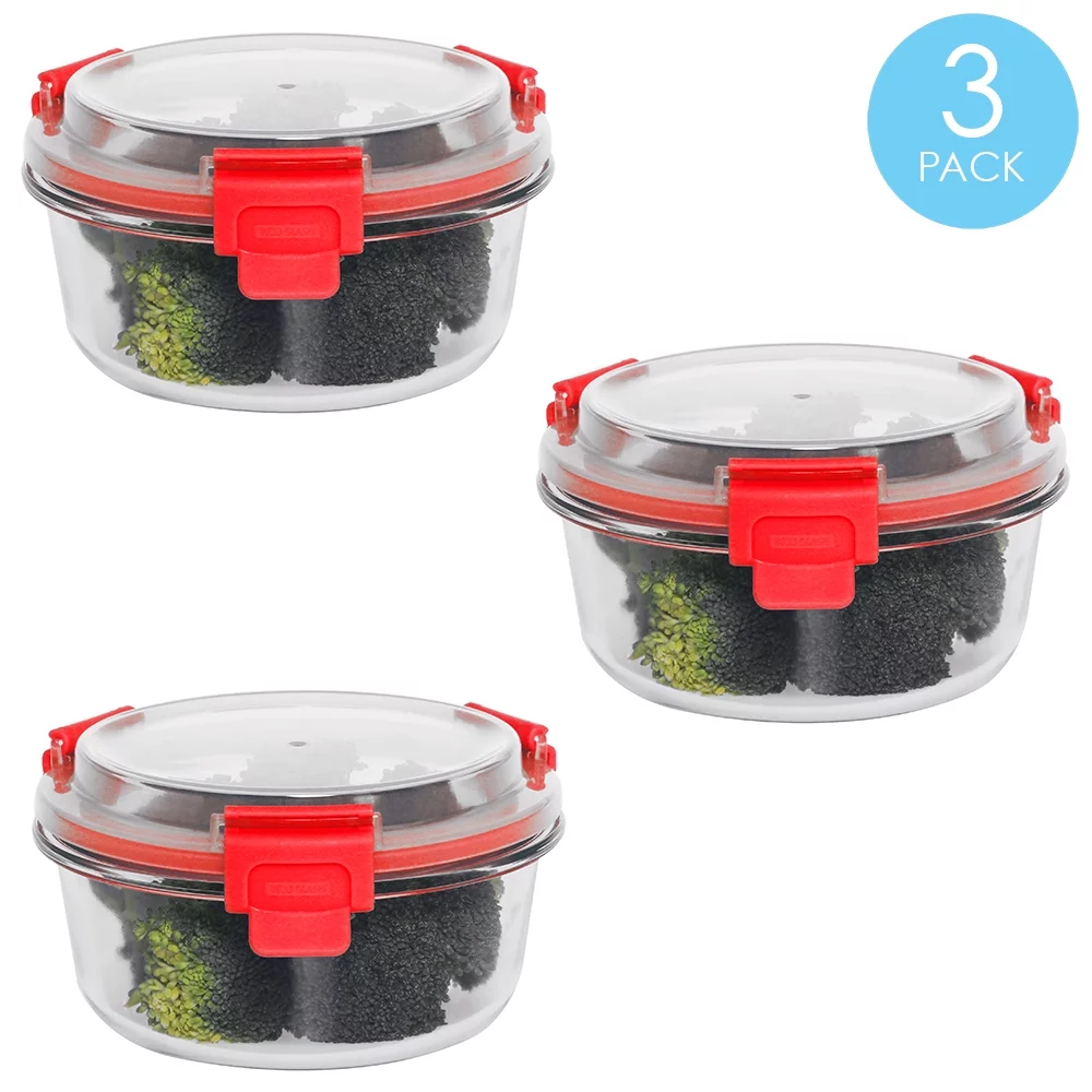 21 oz Round Leak and Spill Proof Borosilicate Glass Food Storage Dishwasher Safe Meal Prep Storage Container with Air-tight Plastic Lid, Red