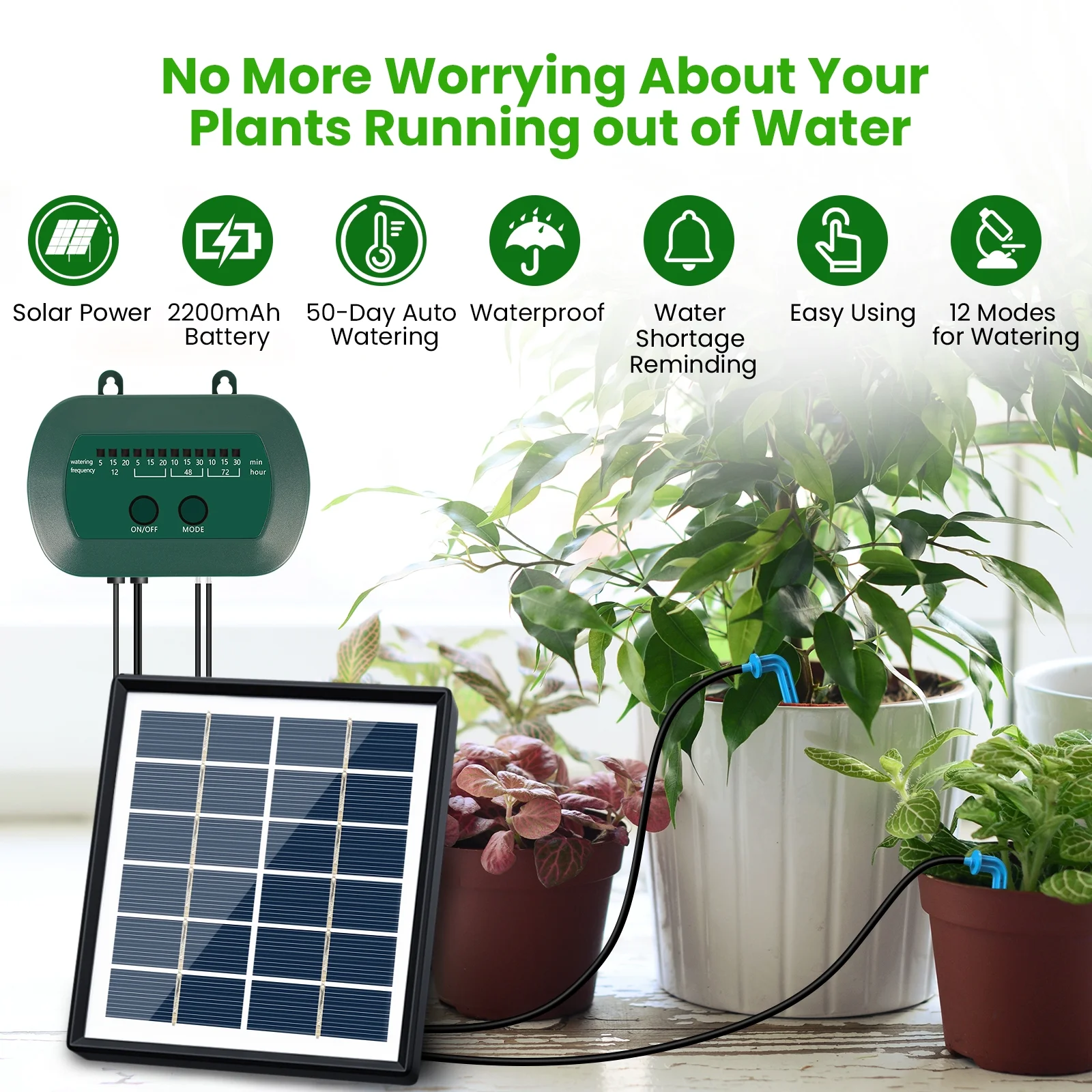 SUNOYAR Solar Drip Irrigation System, Automatic Drip Irrigation Kit with Sensor Timer 12 Timing Modes, Irrigation System for Garden Plant Watering Devices