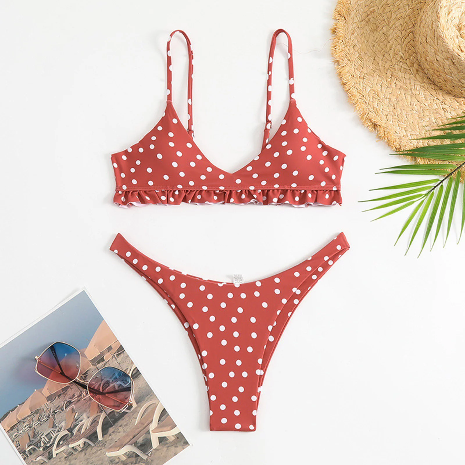 Women's New Edge V Bikini White Polka Dotted Split Swimsuit high wasted bathing suits