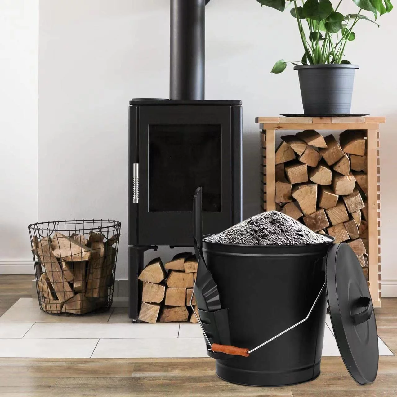 Fireplace Ash Bucket with Lid Shovel and Hand Broom, 5.15 Gallon Charcoal Wood Fire Pits Burning Stoves, Coal/ Large Pellet Metal Buckets/Hot Wood Carrier Pail Fire Pits Ash Can Cleaning Tools