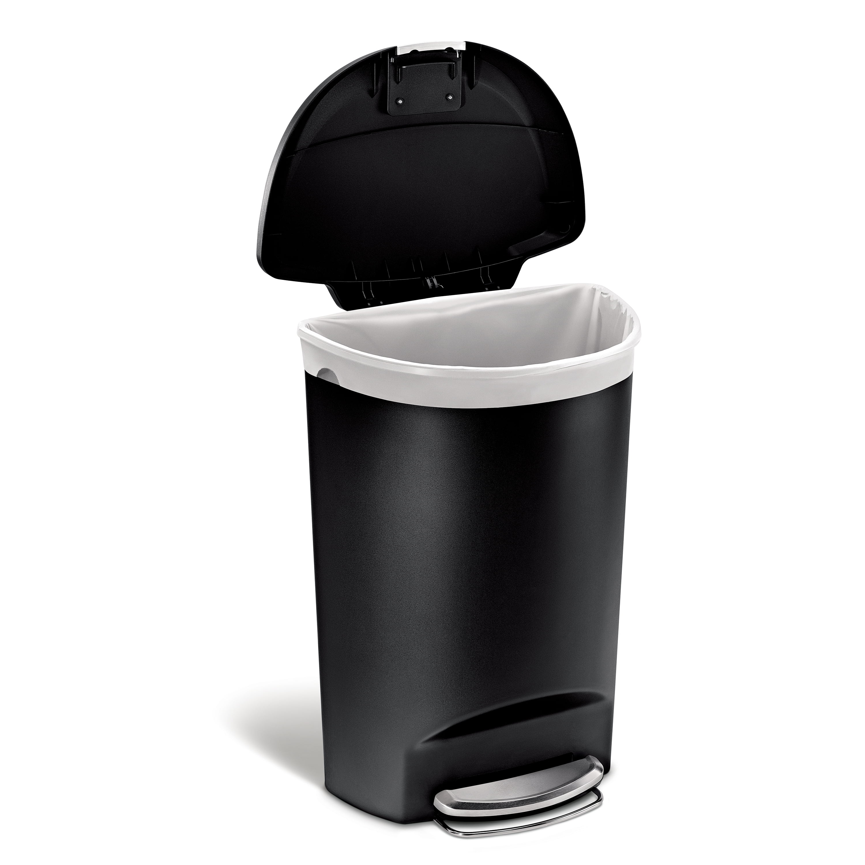 simplehuman 13 Gallon Trash Can, Black Plastic Semi-Round Step Kitchen Trash Can with Secure Slide Lock