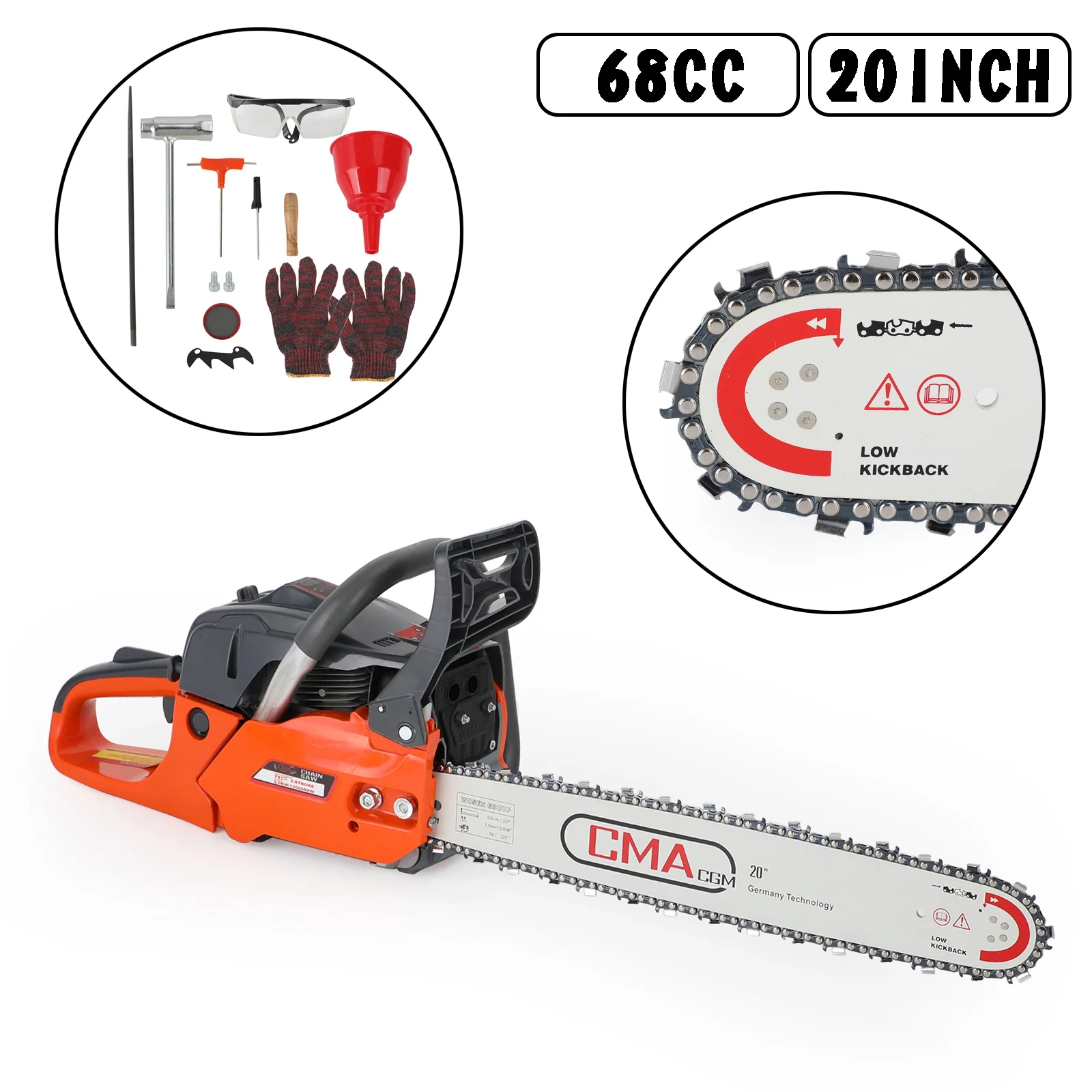 TOPTENG Gas Cordless Chainsaw 20 inch, 2-Cycle Gasoline Powered Chain Saw, 68CC Handheld Cordless Chainsaw, Automatic Chain Oiler, Garden Tool for Cutting Wood Trees