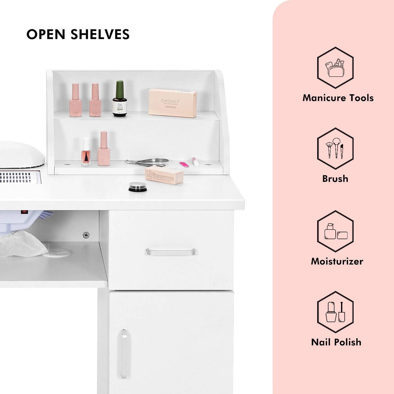 Artist Hand Manicure Table Nail Table Desk Salon Beauty Workstation with Dust Collector, Storage Rack, 2 Drawers, 2 Doors, Wrist Cushion, Lockable Wheels