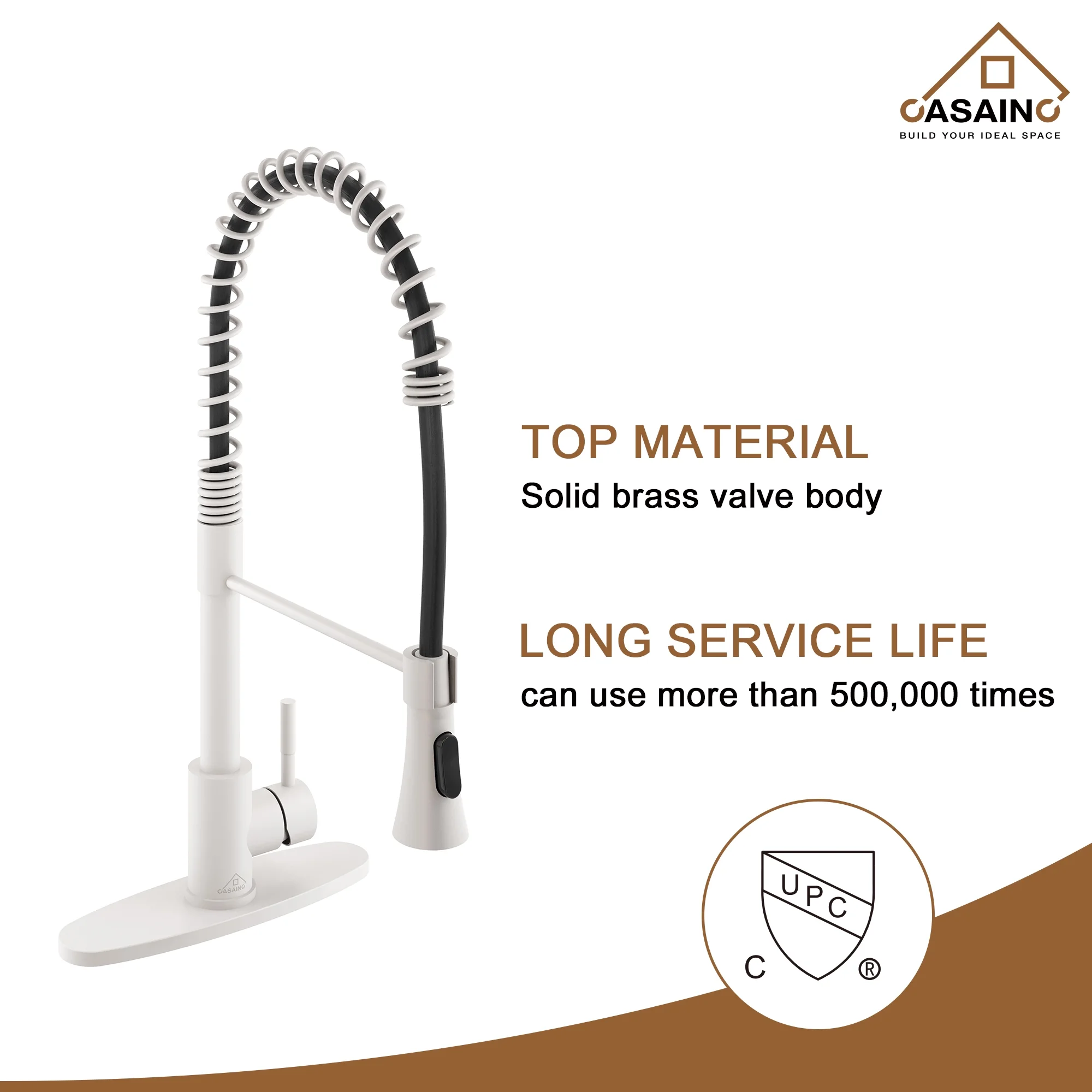 Single Handle Spring Standard Kitchen Faucet Deck Mounted Kitchen Sink Faucet with Dual-Function Sprayhead and Deck Plate in Matte White