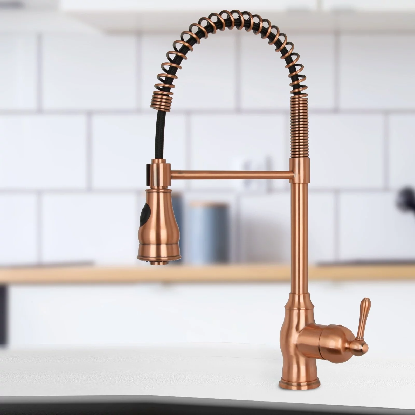 Copper Pre-Rinse Spring Kitchen Faucet, Single Level Solid Brass Kitchen Sink Faucets with Pull Down Sprayer - 8.8x20.9