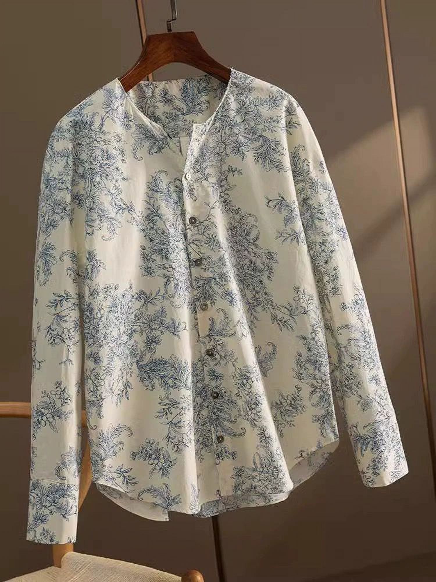 New Spring Cotton Shirt Blue And White Porcelain Printing New Chinese Style Top Picture Color M
