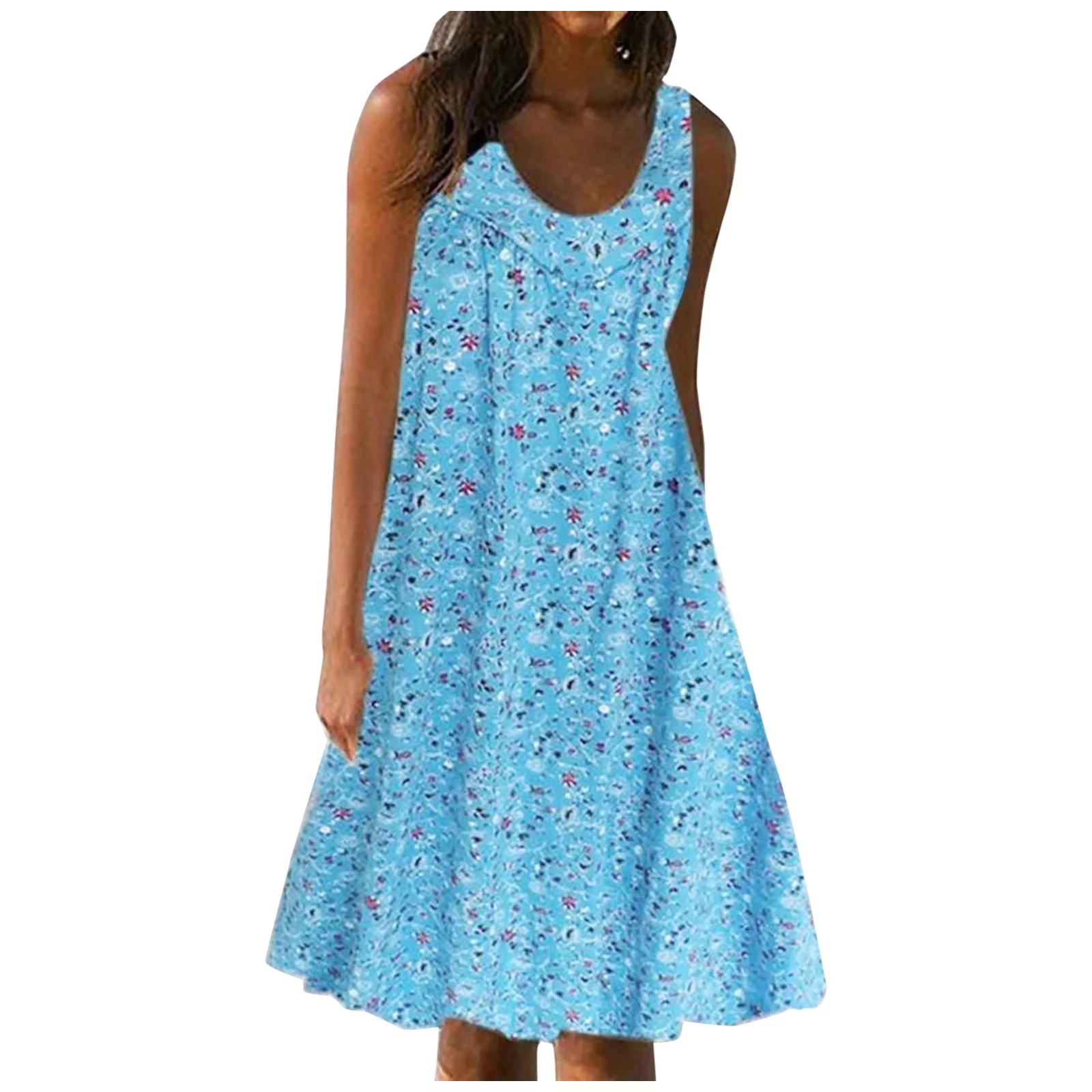 Pntutb Womens Clearance,Summer Print Dress Short Sleeve Crew-Neck Loose Beach Sun Dress Rollback