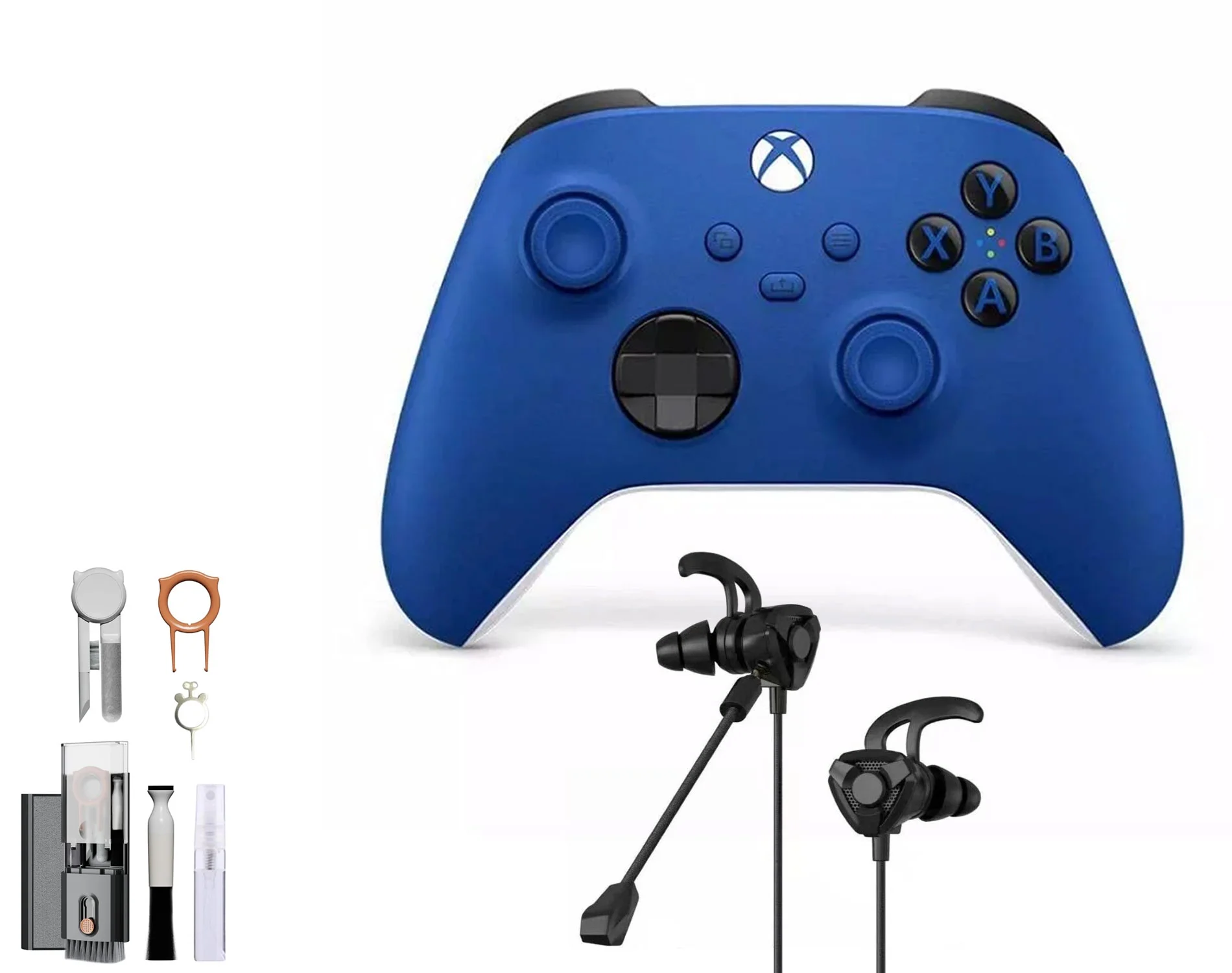 Microsoft Xbox Wireless Shock Blue Controller for Xbox Console + Wired Earbuds With Cleaning Kit BOLT AXTION Bundle Used