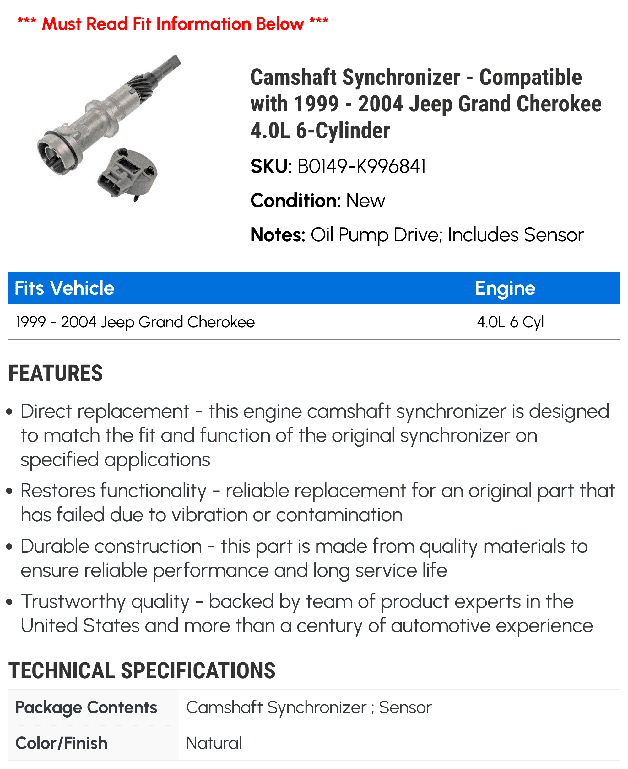 Camshaft Synchronizer - Compatible with 1999 - 2004 Jeep Grand Cherokee 4.0L 6-Cylinder 2000 2001 2002 2003