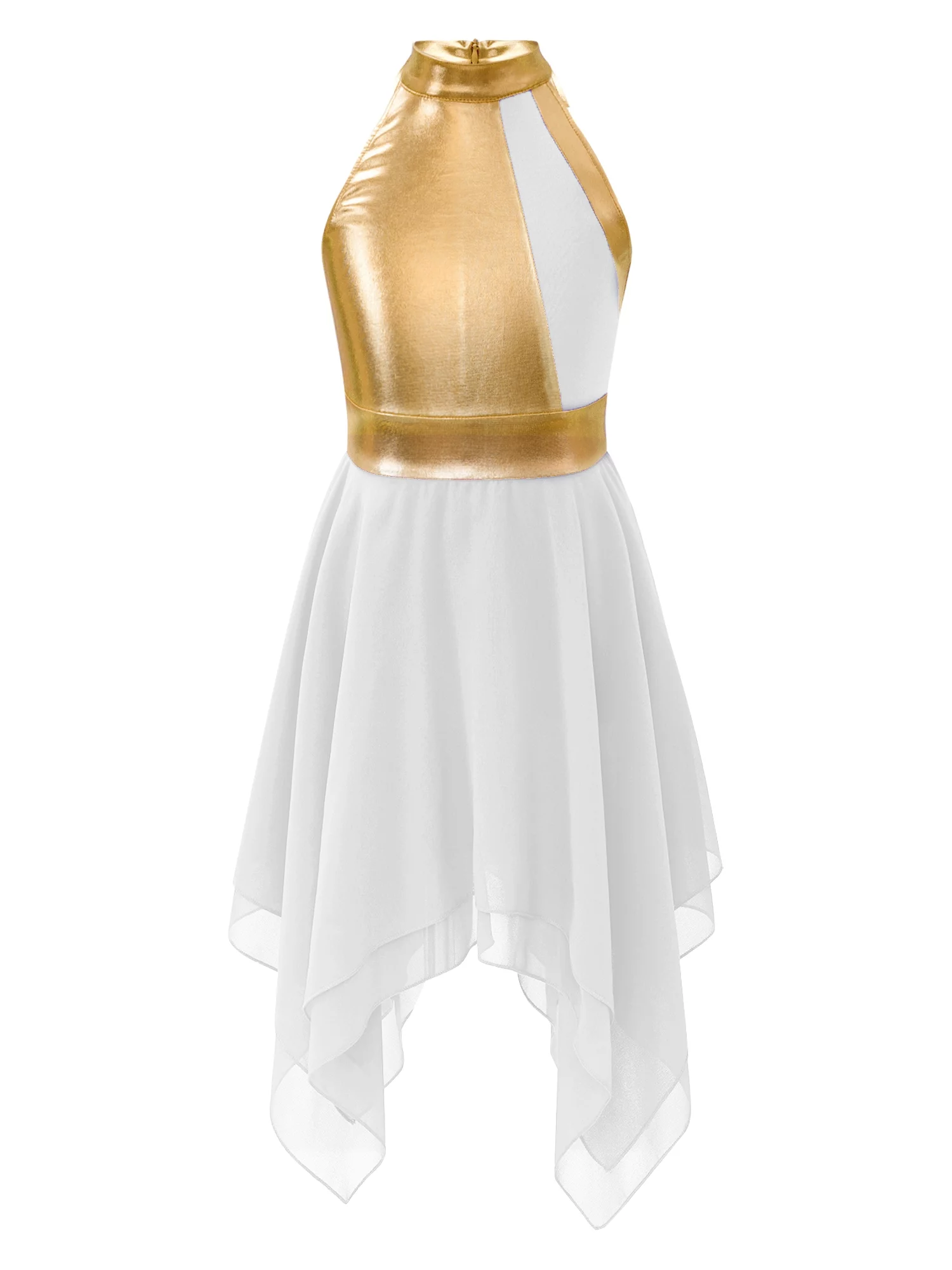 Aislor Kids Girls Sleeveless Color Block Asymmetrical Praise Dance Lyrical Dress 6-16 White 14