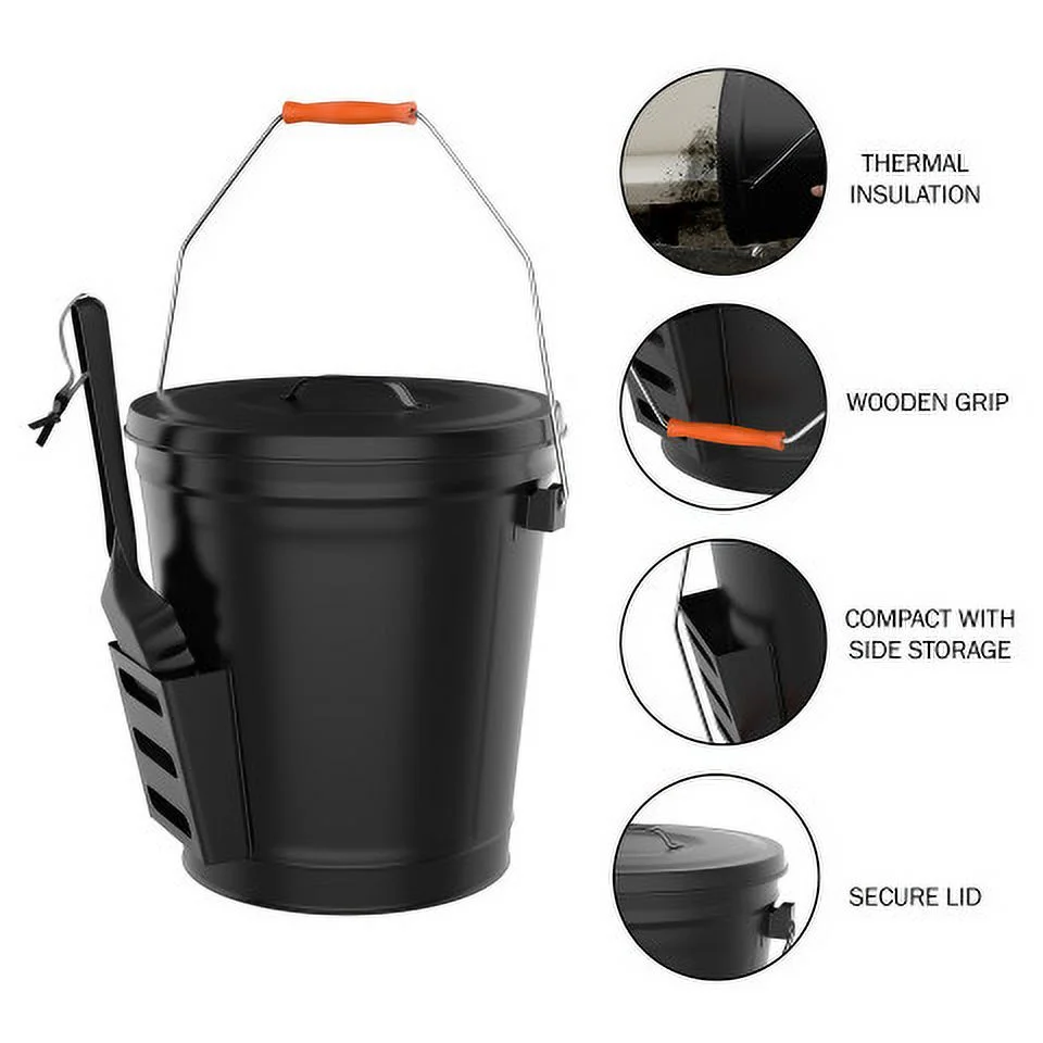 Home-Complete 4.75-Gallon Metal Ash Bucket with Lid and Shovel (Black)