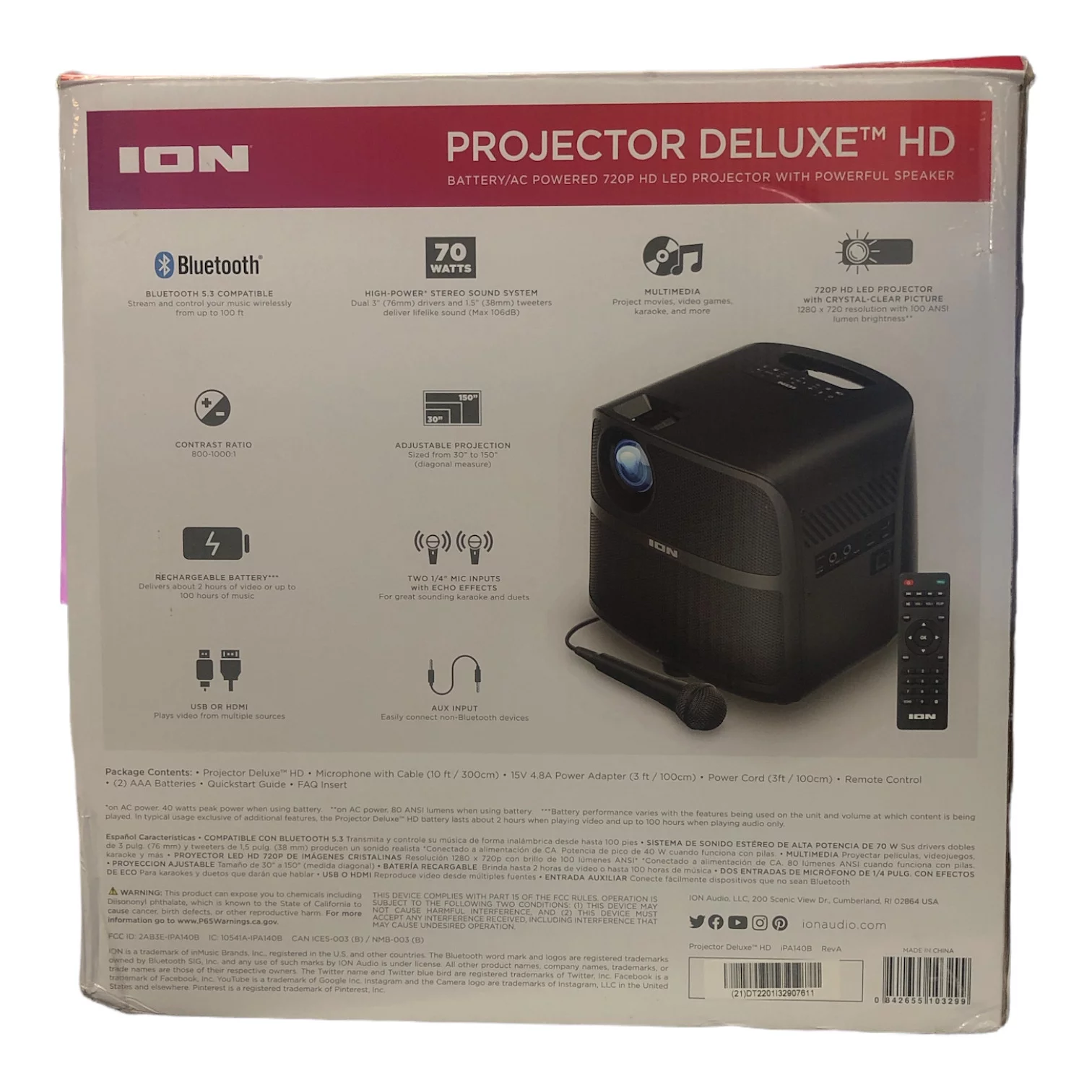 Restored ION Audio Projector Deluxe HD Battery/AC Powered 720p HD LED Bluetooth-enabled (Refurbished)