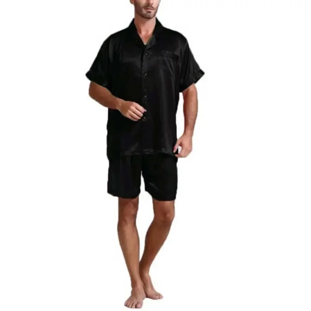 Spring hue Men Silk Satin Pajamas Sets Sleepwear Silk Tops Shorts Homewear Suits