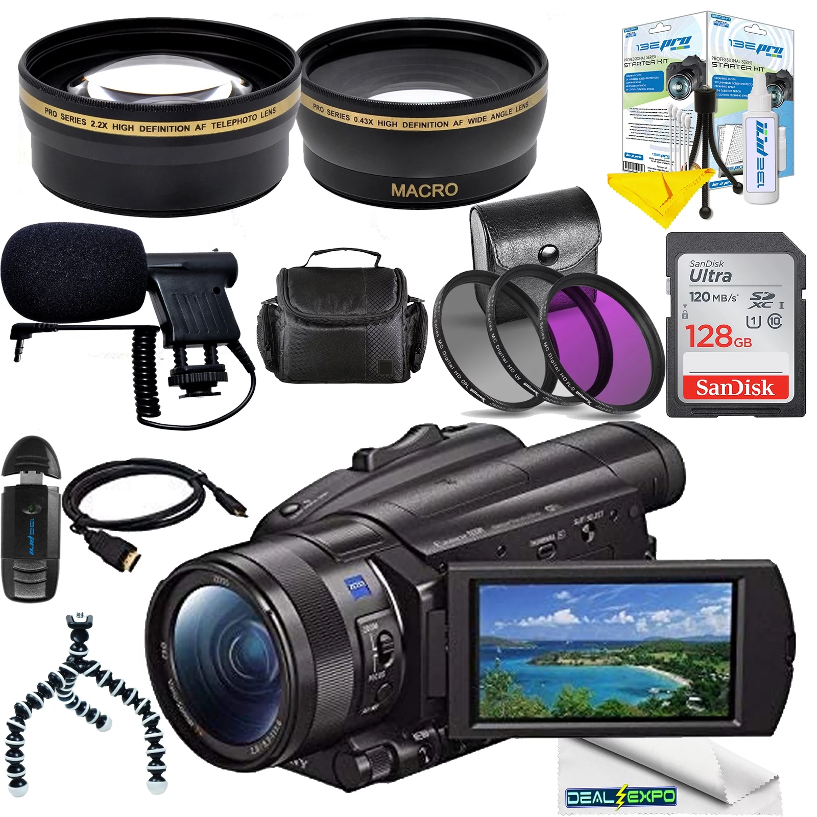 Sony FDR-AX700 4K Camcorder FDR-AX700/B + + 128GB SDXC Card + 62mm 3 Piece Filter Kit + Deal-Expo Advanced Kit