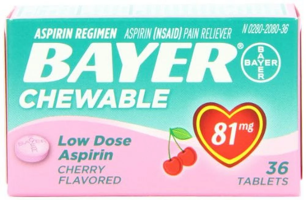 Bayer Chewable Low Dose Baby Aspirin Cherry Tablets 81 mg, 36 Count, 2 Pack