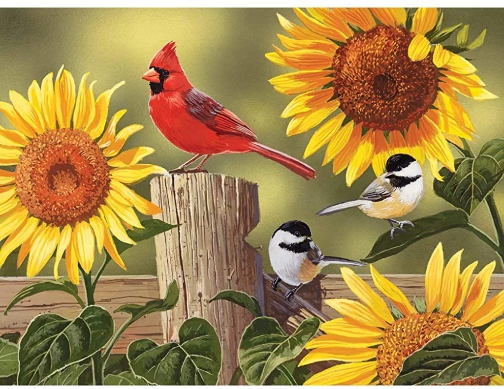Bits and Pieces - 300 Piece Jigsaw Puzzle for Adults - Sunflower and Songbirds by Artist William Vanderdasson - Measures 18