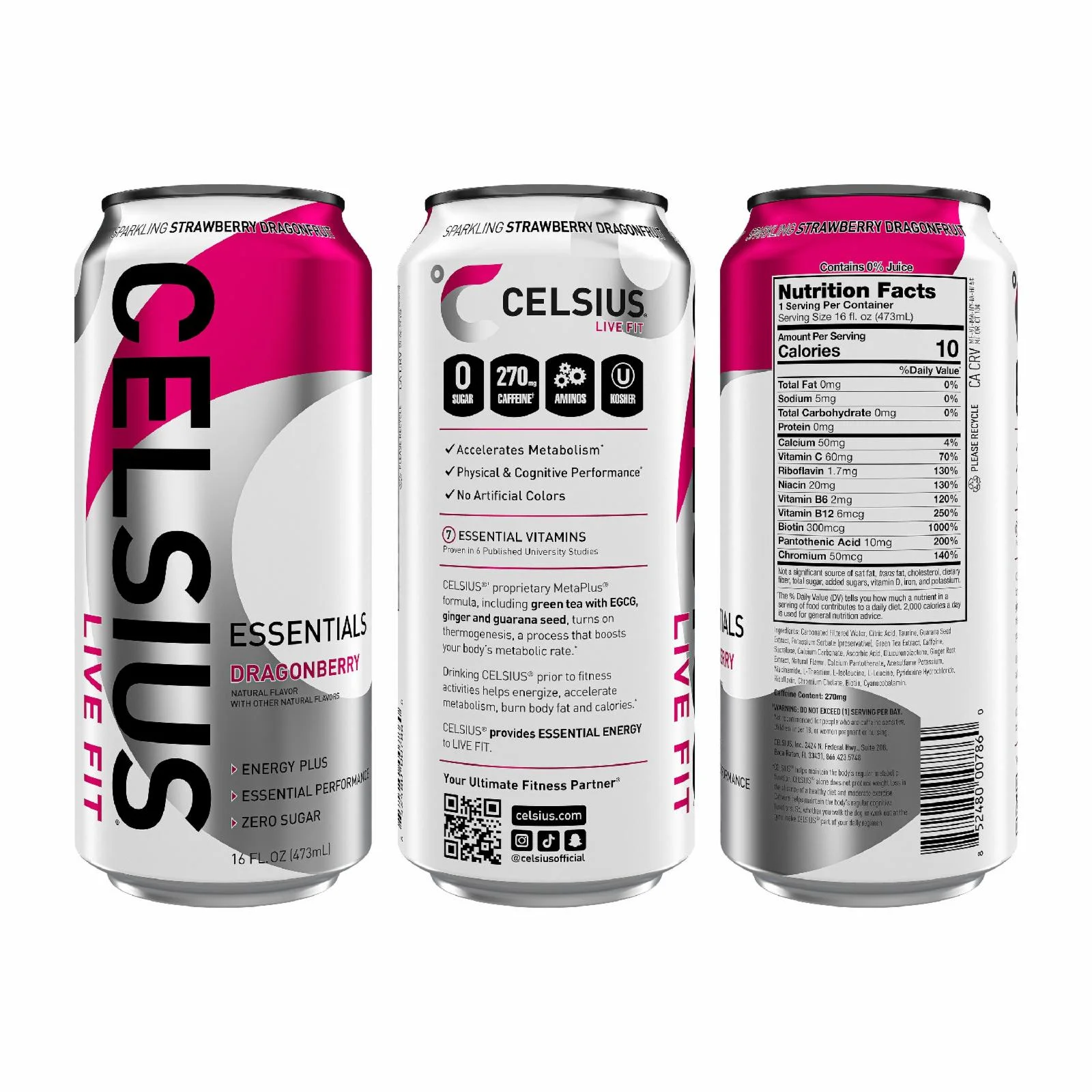 CELSIUS ESSENTIALS, Sparkling Dragonberry, Performance Energy Drink 16 Fl Oz Single Can