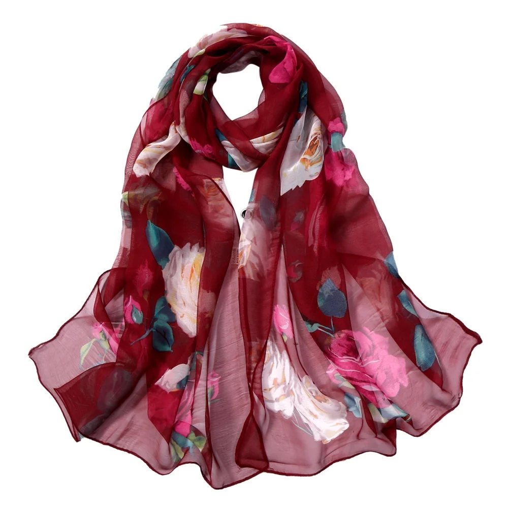 Gobestart Fashion Women Roses Printing Long Soft Wrap Scarf Simulation Silk Shawl Scarves