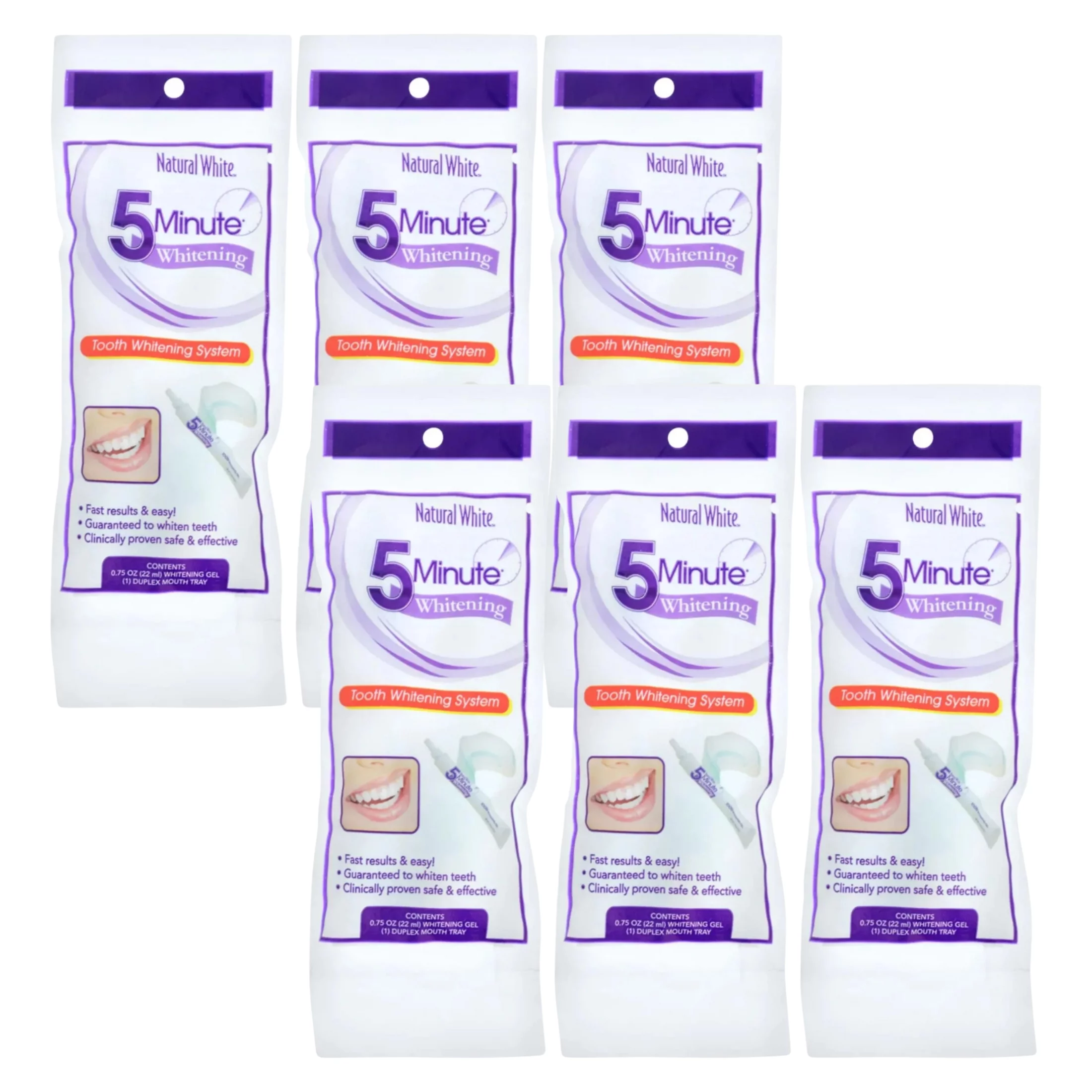 Natural White 5 Minute Teeth Tooth Whitening Kits Gel Comfort Fit Mouth Tray Effective At Home Teeth Whitening Travel Friendly Portable and Easy to Use for Men Women Oral Care 0.75oz each - Pack of 6