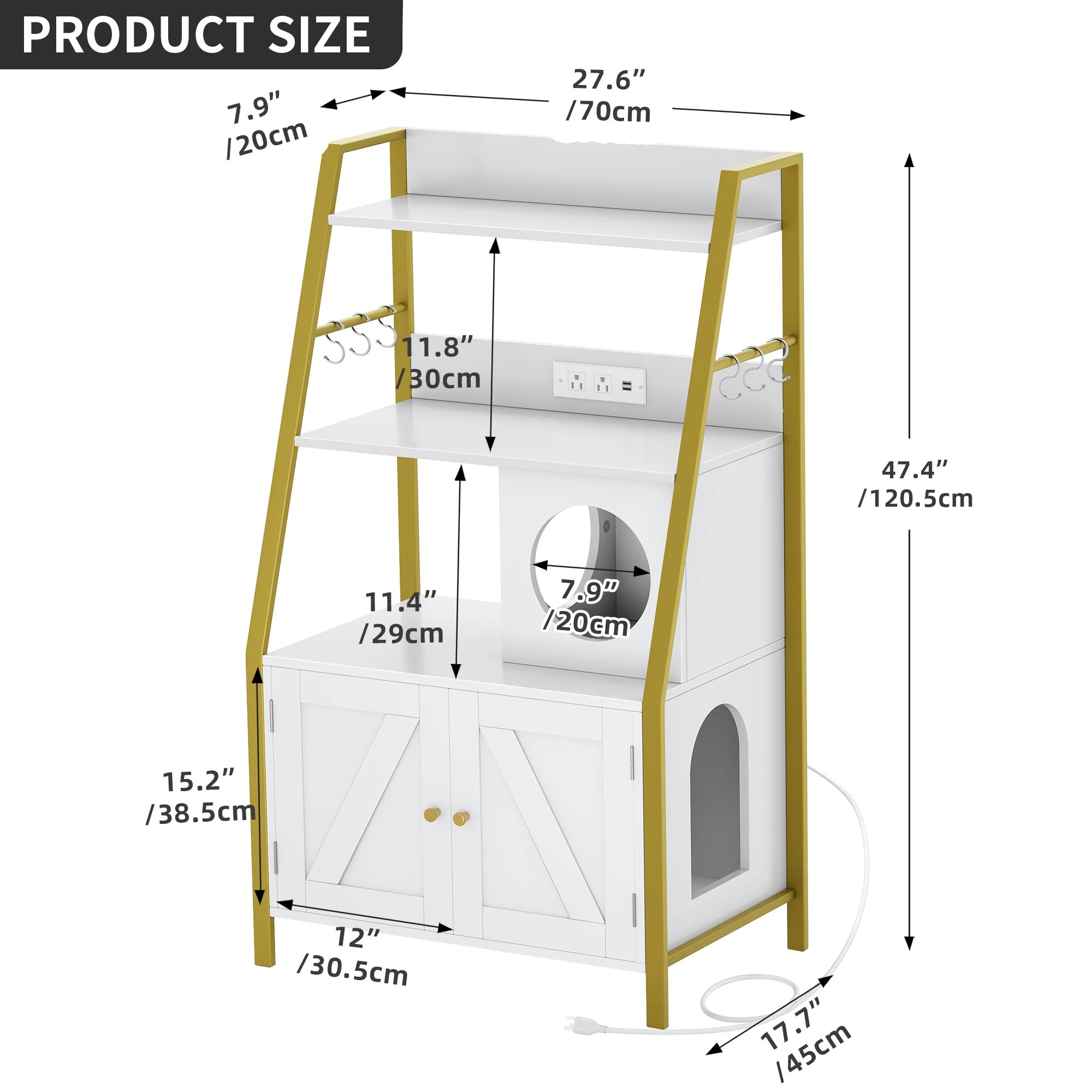 Dextrus Large Hidden Litter Cat Box Enclosure with Charging Station, 3 Shelves and Storage, Indoor Cat Box/House with Cat Tree for Most Litter Box - White & Gold