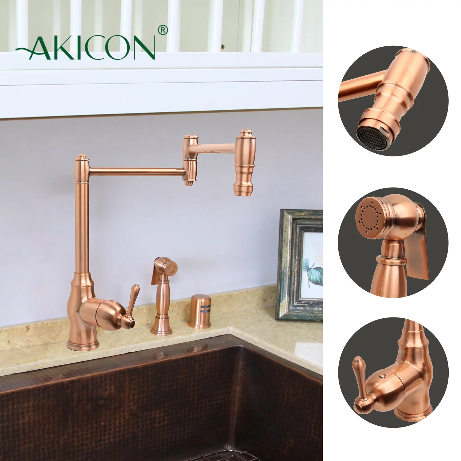 One-Handle Copper Pot Filler Kitchen Faucet with Side Sprayer