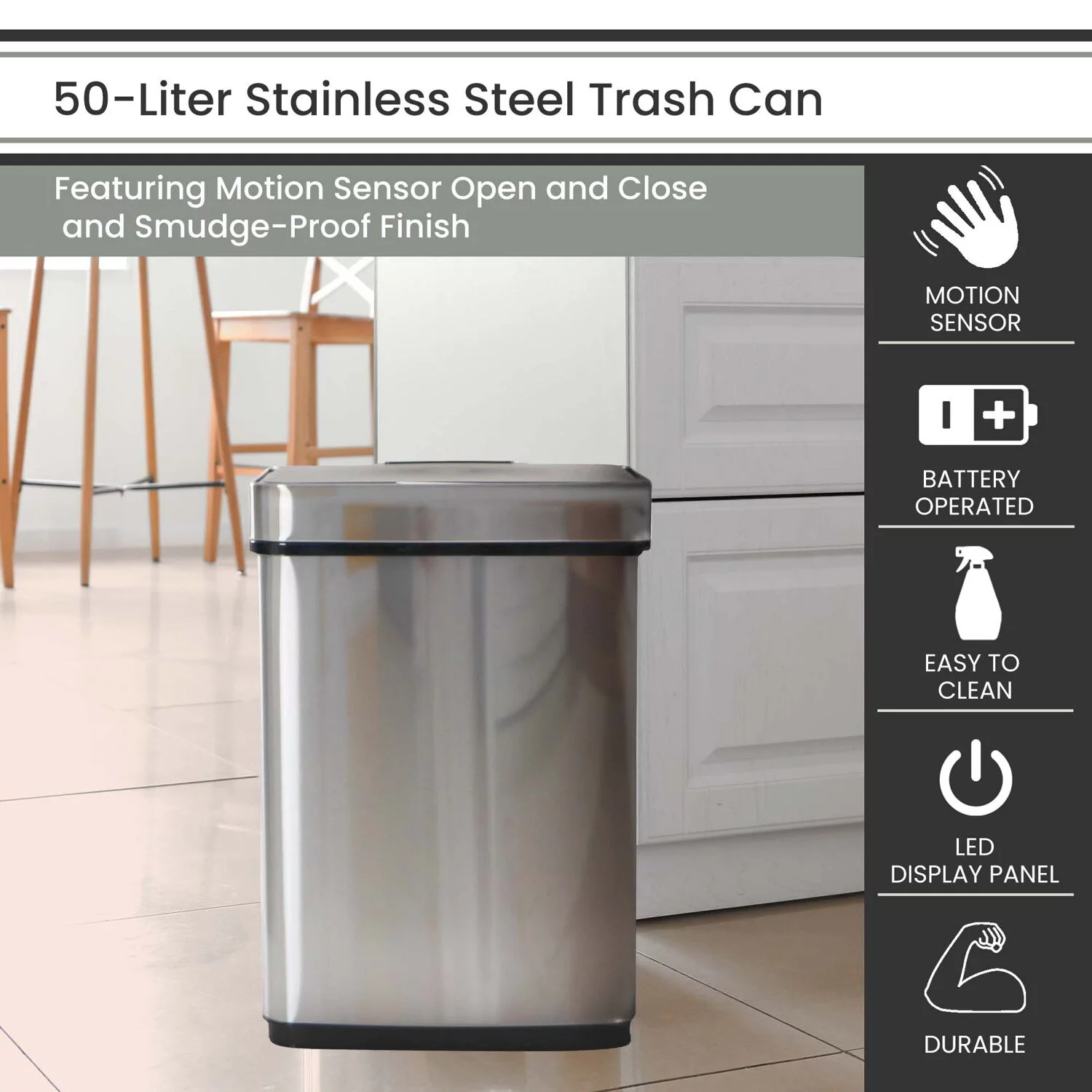 Hanover Trash Can Garbage Bin, Fingerprint resistant, Soft Close, Sensor Lid, 50 Liter/13.2 Gallon