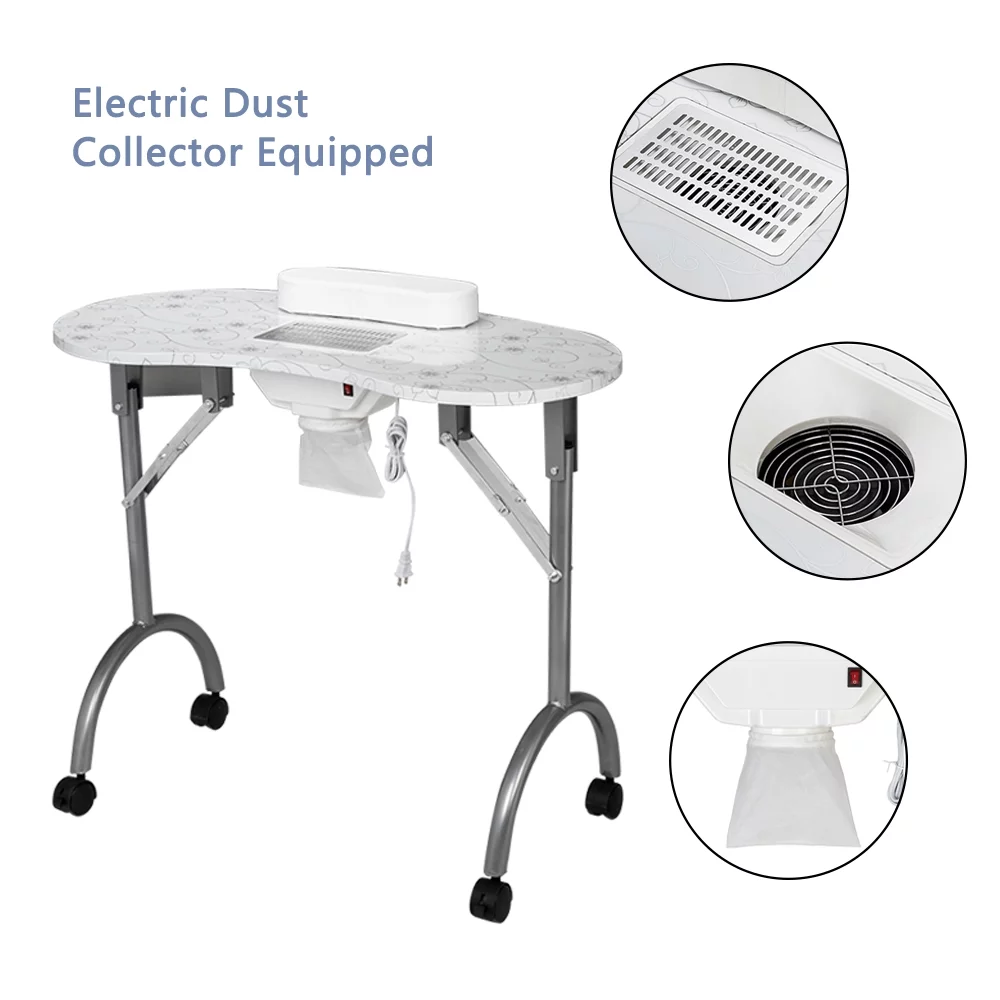 OmySalon Folding Manicure Table Nail Desk with Electric Dust Collector, Wrist Cushion & Carrying Bag