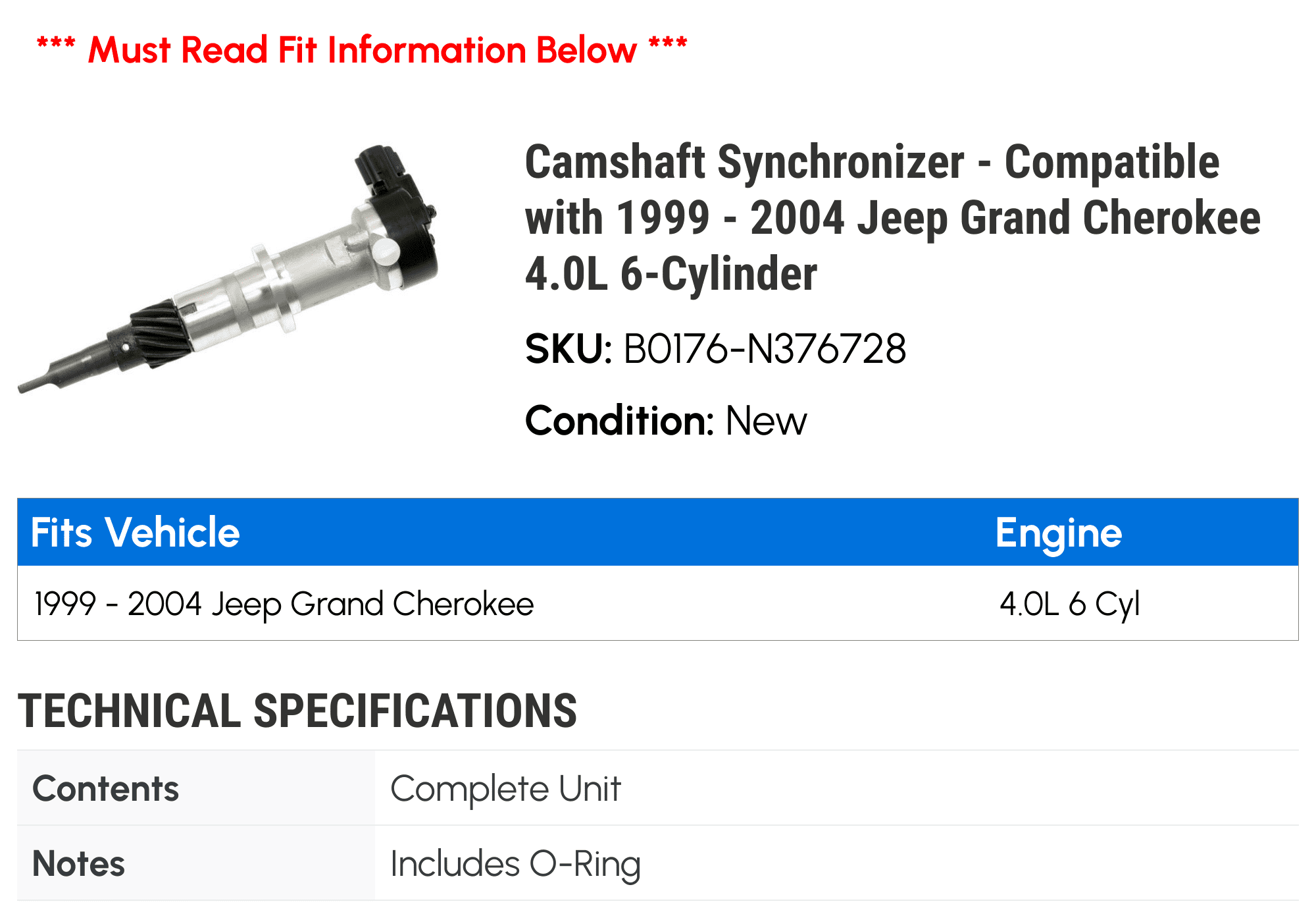 Camshaft Synchronizer - Compatible with 1999 - 2004 Jeep Grand Cherokee 4.0L 6-Cylinder 2000 2001 2002 2003
