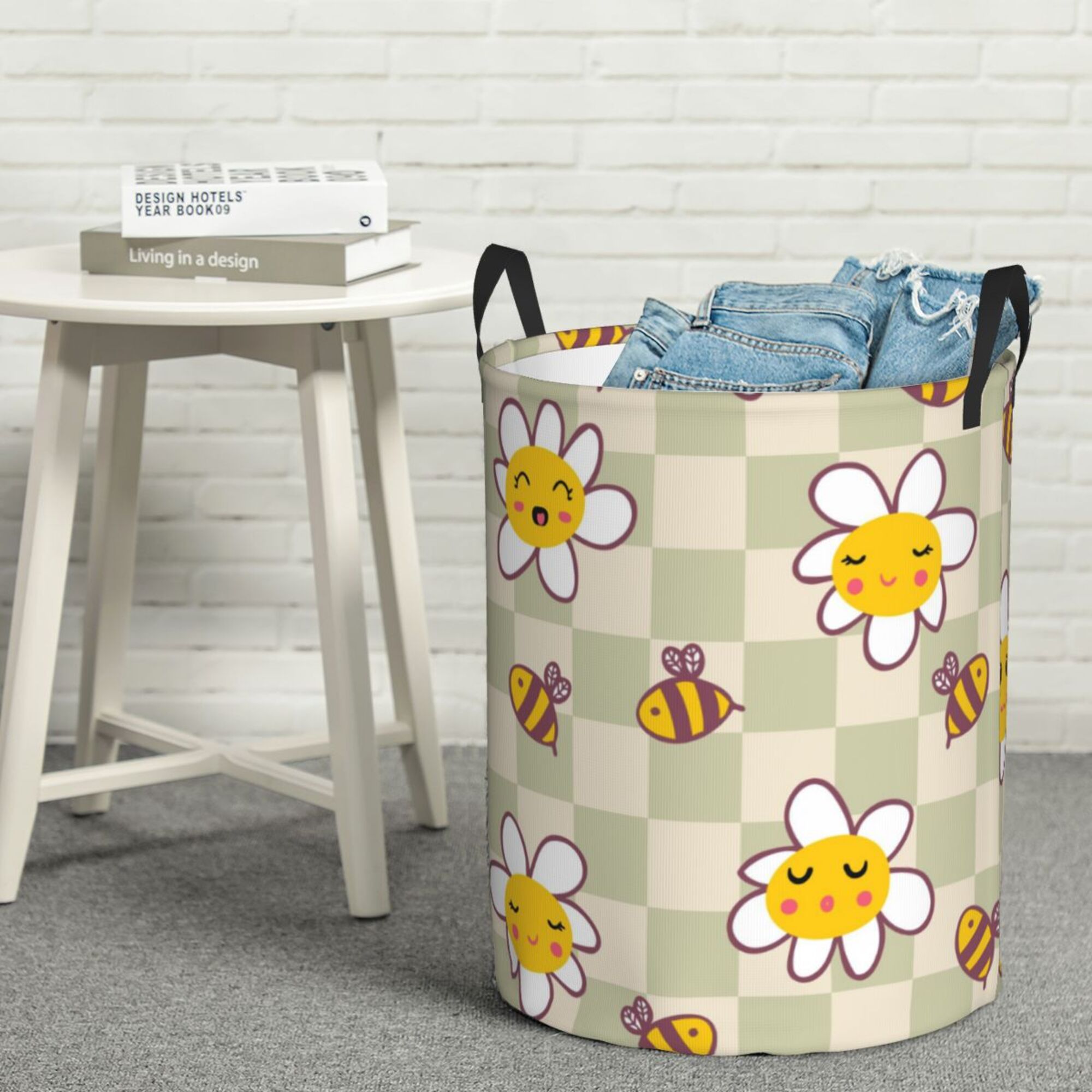 ZICANCN Laundry Basket Organizer, Retro Checkerboard Daisies Bees Collapsible Hamper for Bathroom Bedroom Laundry Room, Medium Size