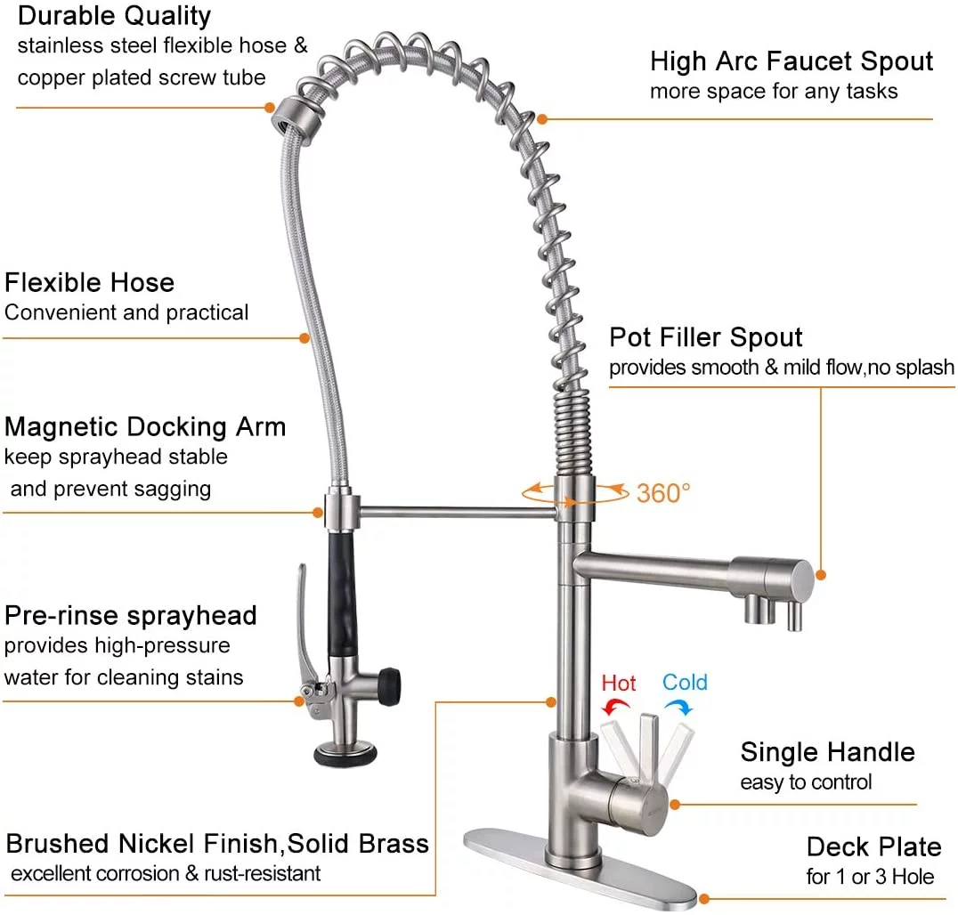 WOWOW Brushed Nickel Spring Kitchen Faucet with Pre-Rinse Pull Down Sprayer