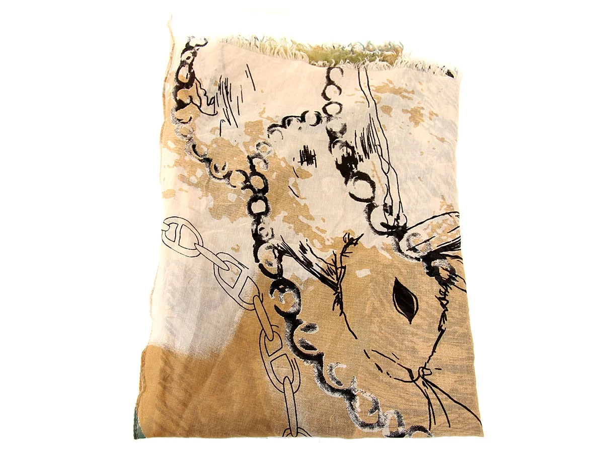 Women's Artistic Print Fringy Polyester Scarf Beige/Green Scarf Wrap 40 x 70 inches