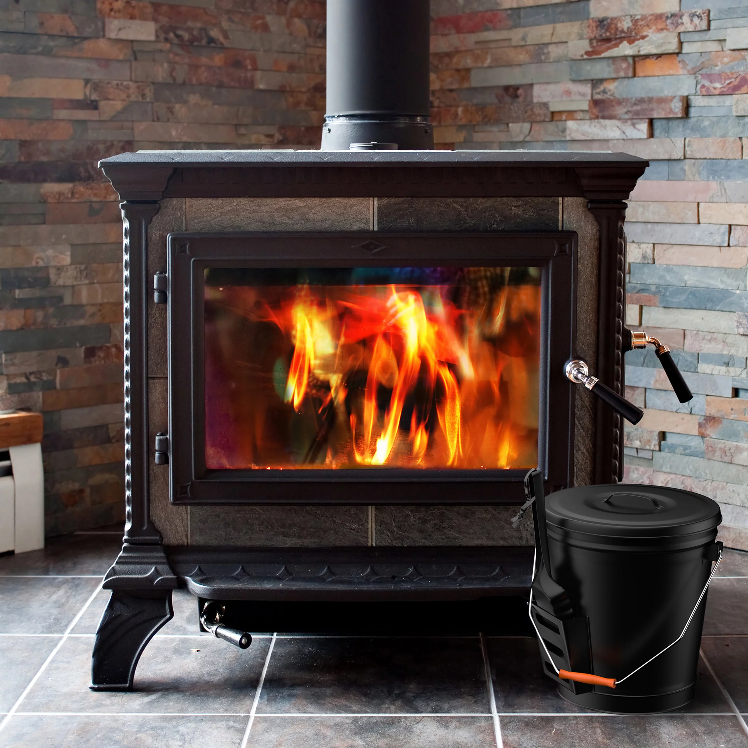 4.75 Gallon Tight Lid Steel Ash Bucket with Shovel Fireplace Pits 