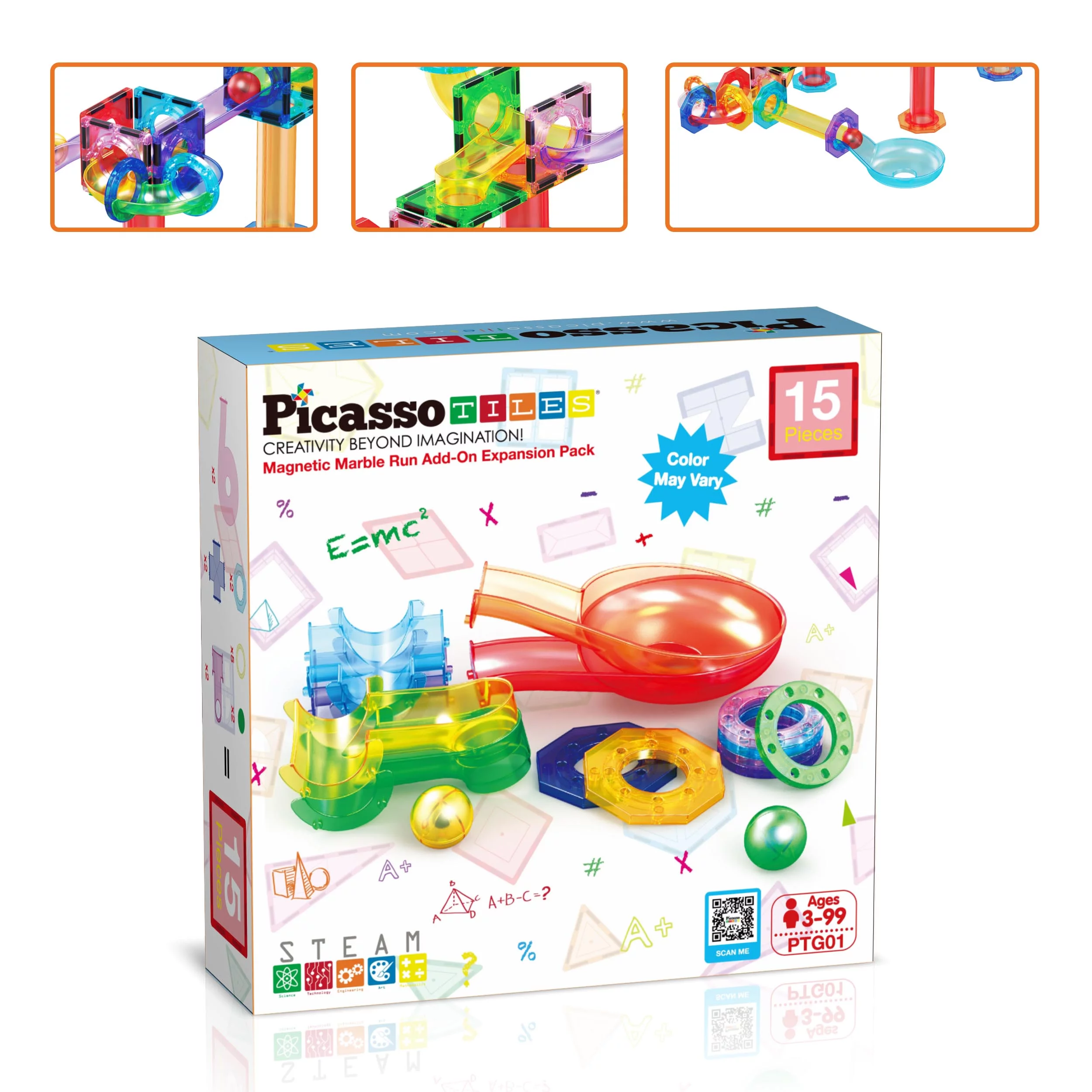 PicassoTiles 15 Pieces Magnetic Marble Run Building Blocks Playset for Kids Age 3+ PTG01
