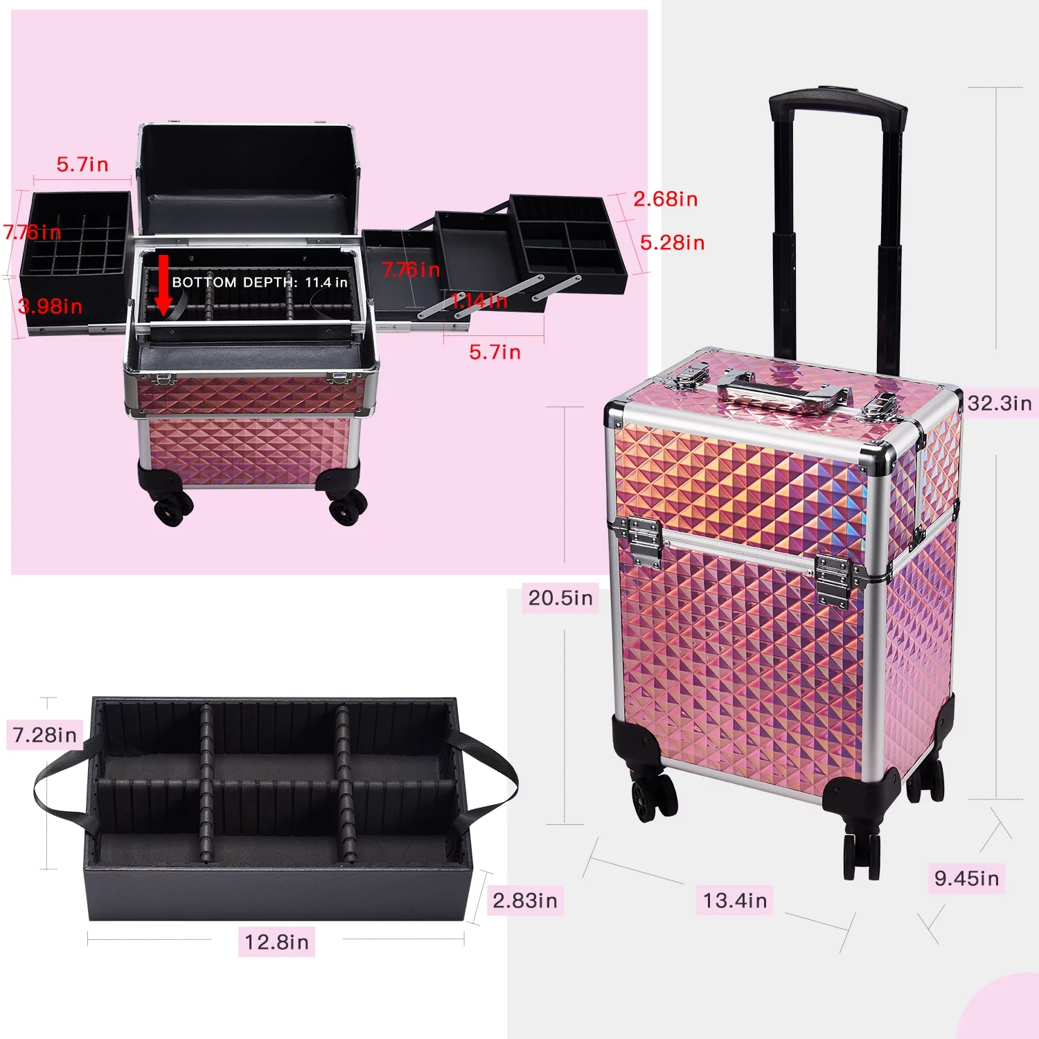 Joligrace Rolling Makeup Train Case Professional Cosmetic Trolley 4 Trays & 1 Cubby with Sliding Rail