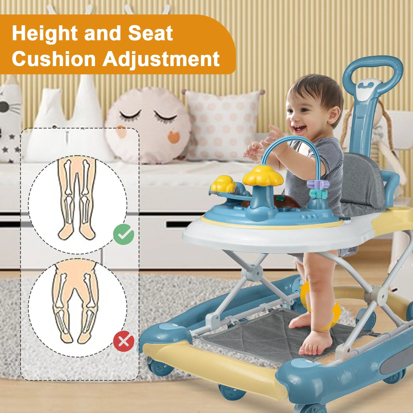 EONROACOO 5-in-1 Baby Walker with Toys, Music Walker for Boys and Girls, Adjustable Walker(Green)