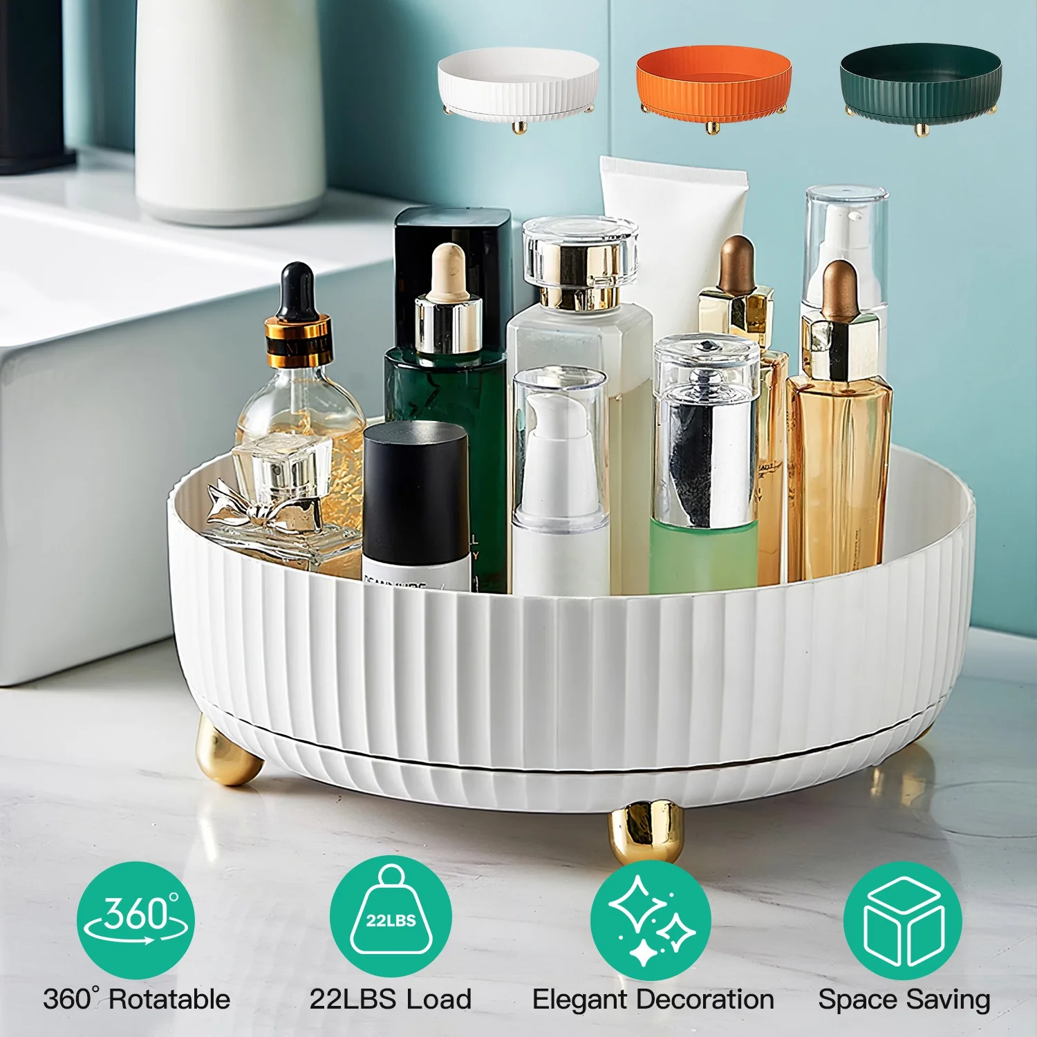 Makeup Perfume Organizer iMounTEK 360° Rotating Cosmetic Storage Tray Desk Storage Tray Lotions Display Case Round Gift Tray with Large Capacity 22LBS Load White