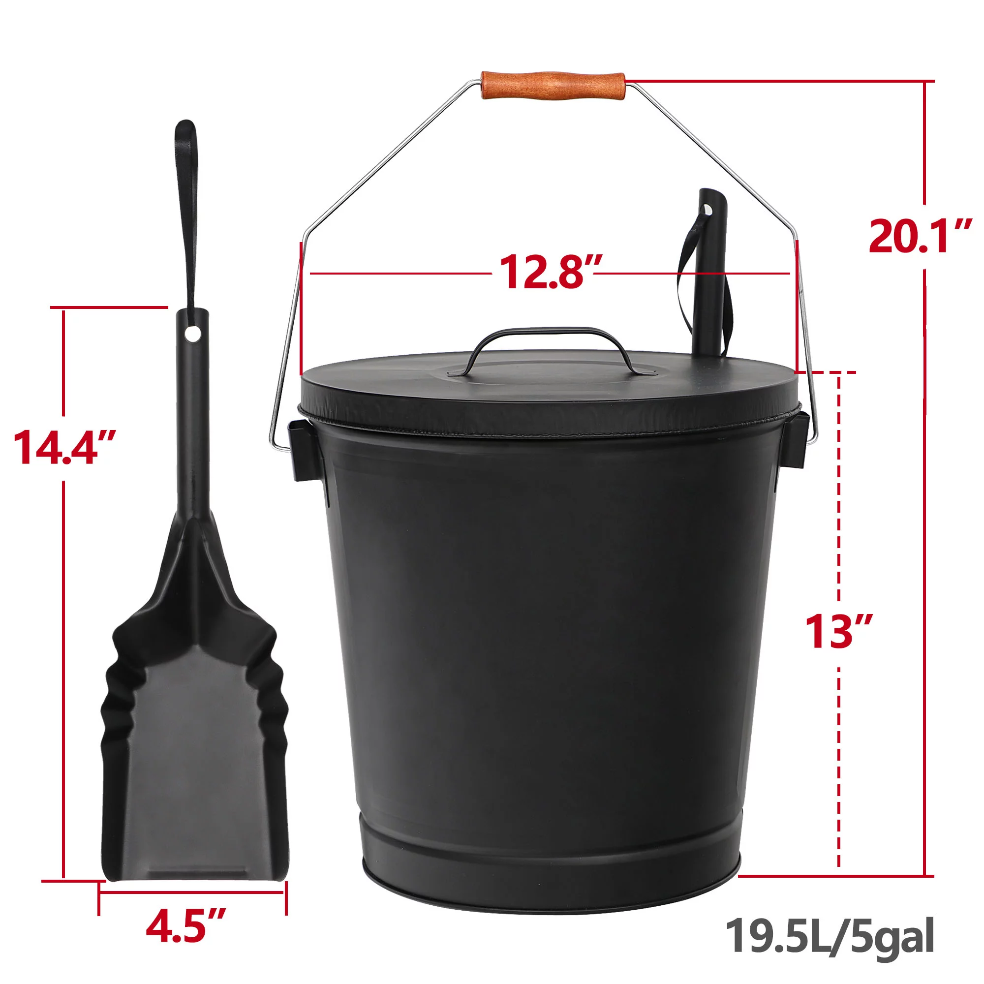 5 Gallon Black Ash Bucket with Lid and Shovel-Essential Tools for Fireplaces, Fire Pits, Wood Burning Stoves-Hearth Accessories